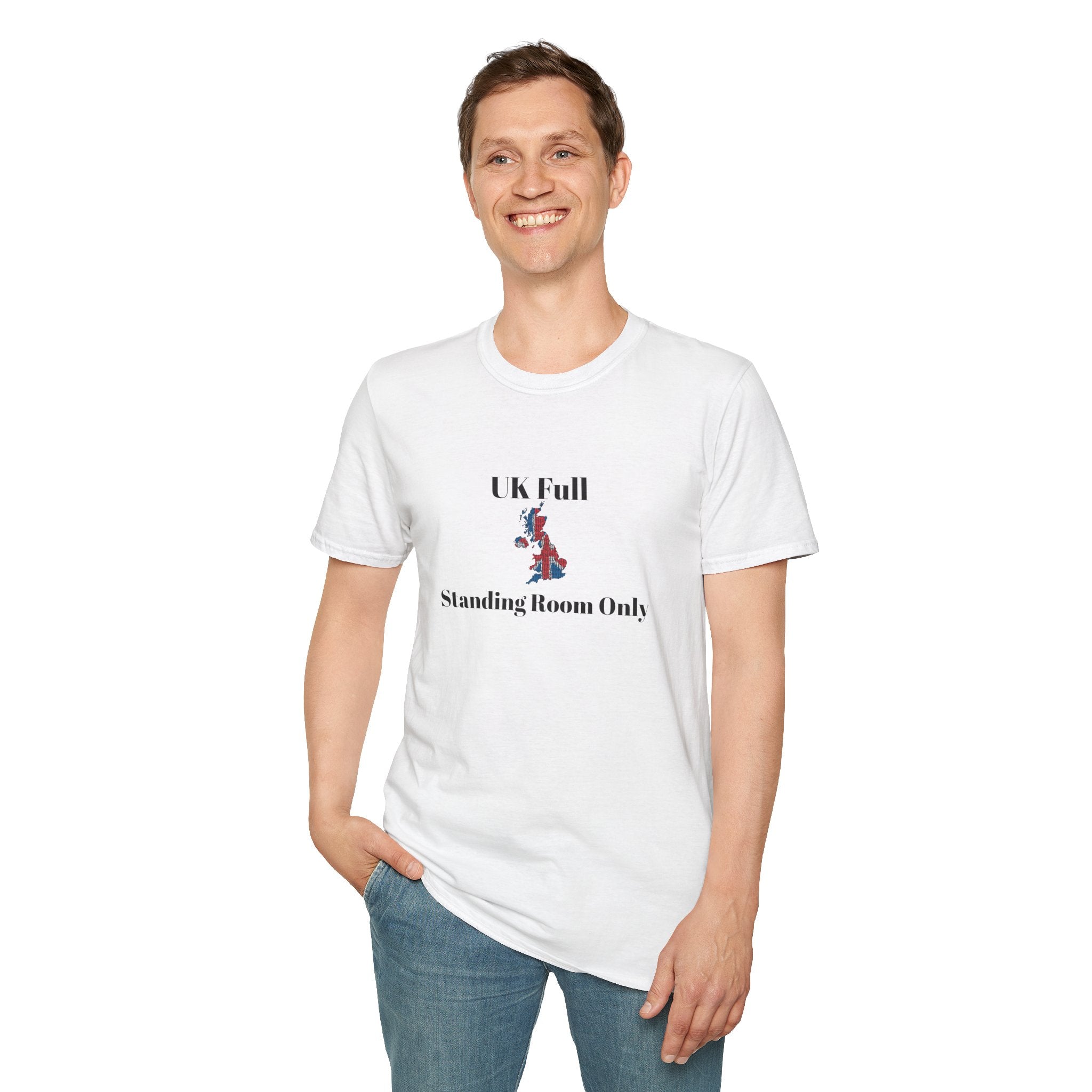 man standing wearing White t shirt with a bold UK outline packed tight in Union Jack colours, text reads UK full, standing room only