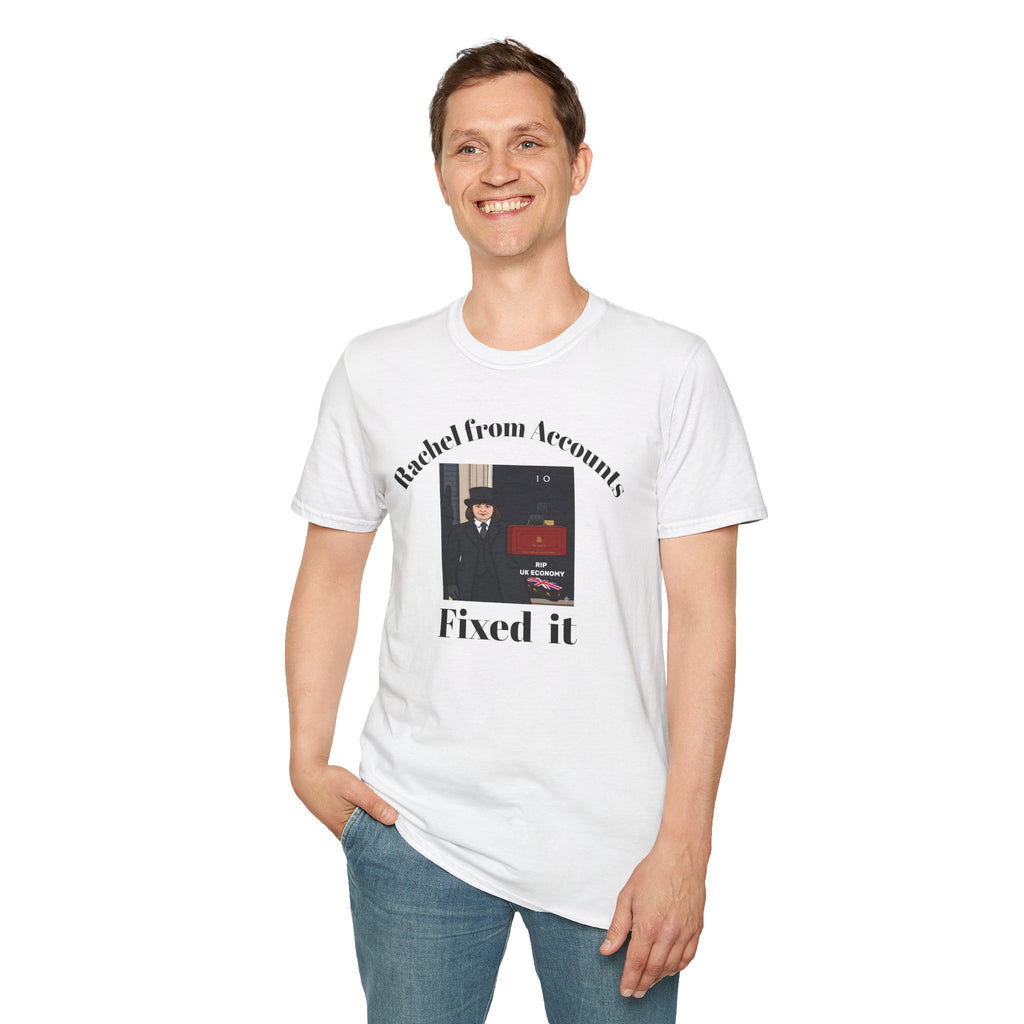  t-shirt with graphic design.RIP UK Economy 'Rachel From Accounts Fixed It' Funny Political Satire T-Shirt