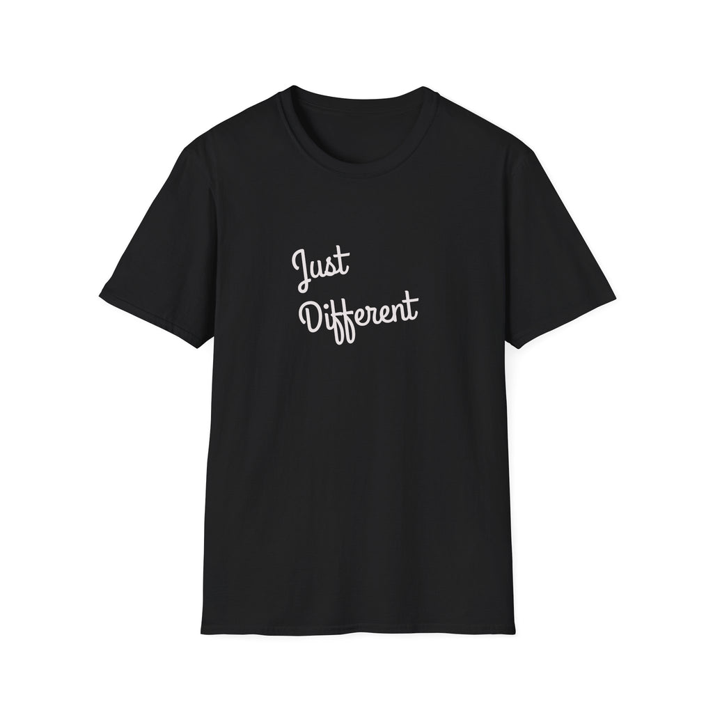 Black t-shirt with 'Just Different' text on a white background