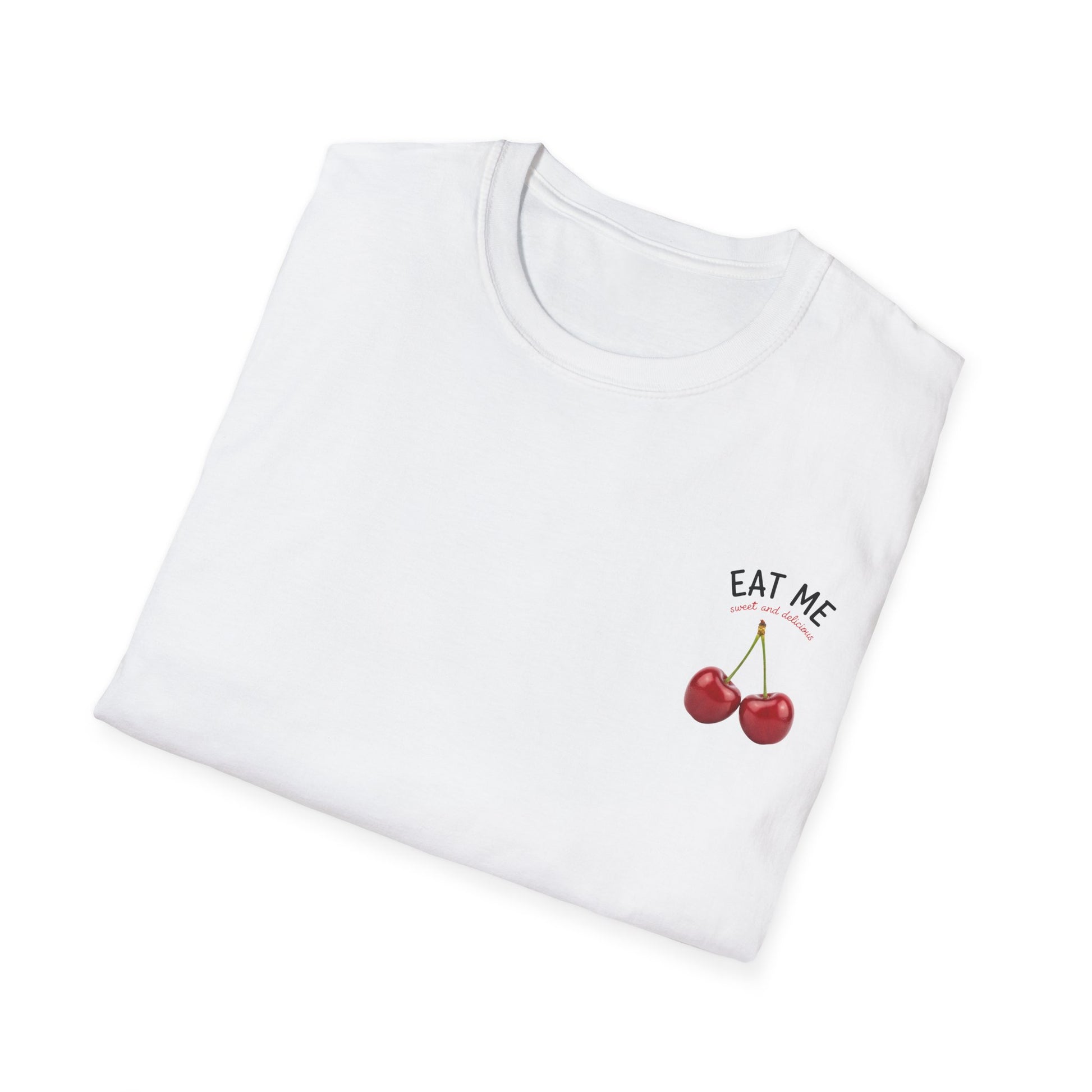 Folded White t-shirt with cherry design and 'Eat Me' text on a white background