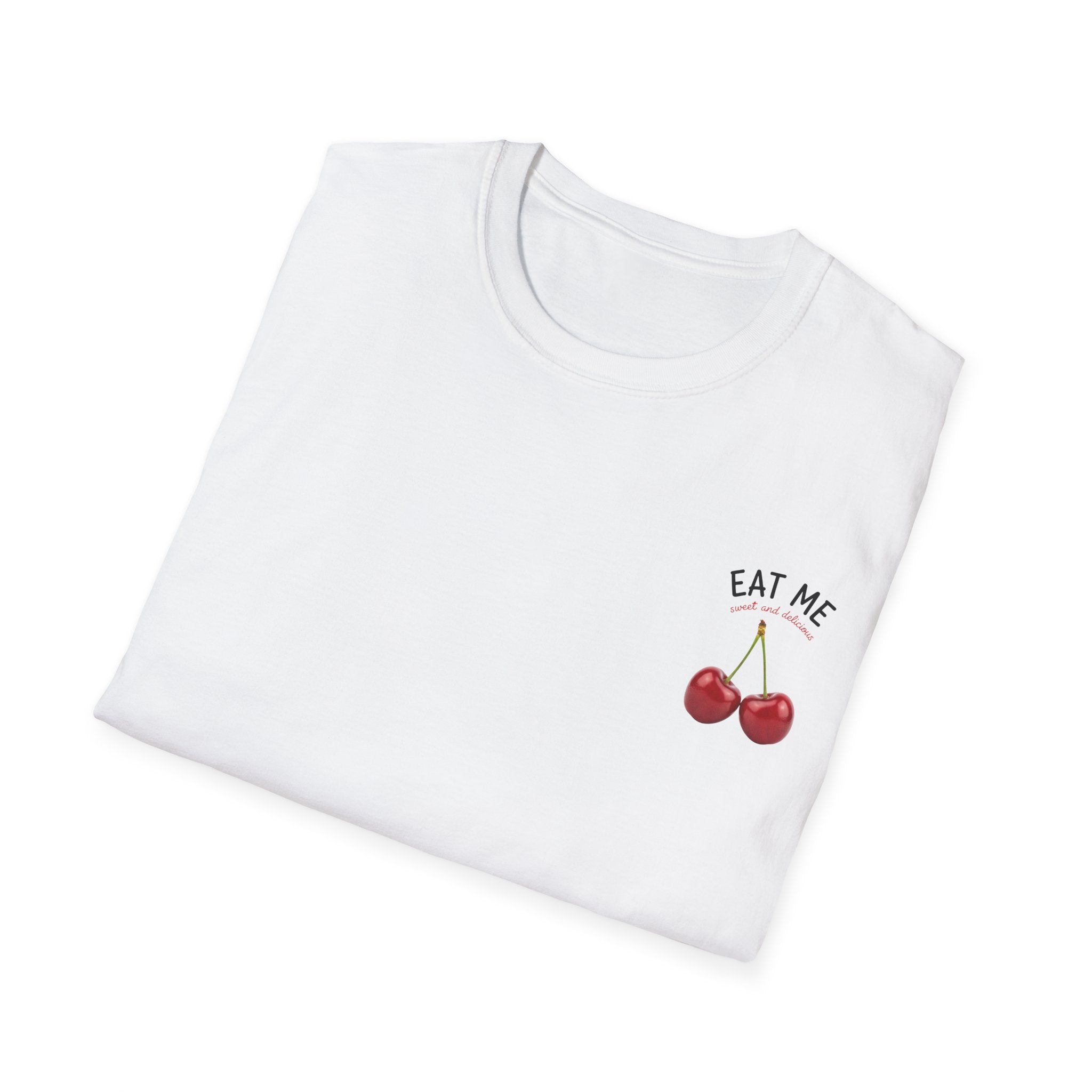 Folded White t-shirt with cherry design and 'Eat Me' text on a white background
