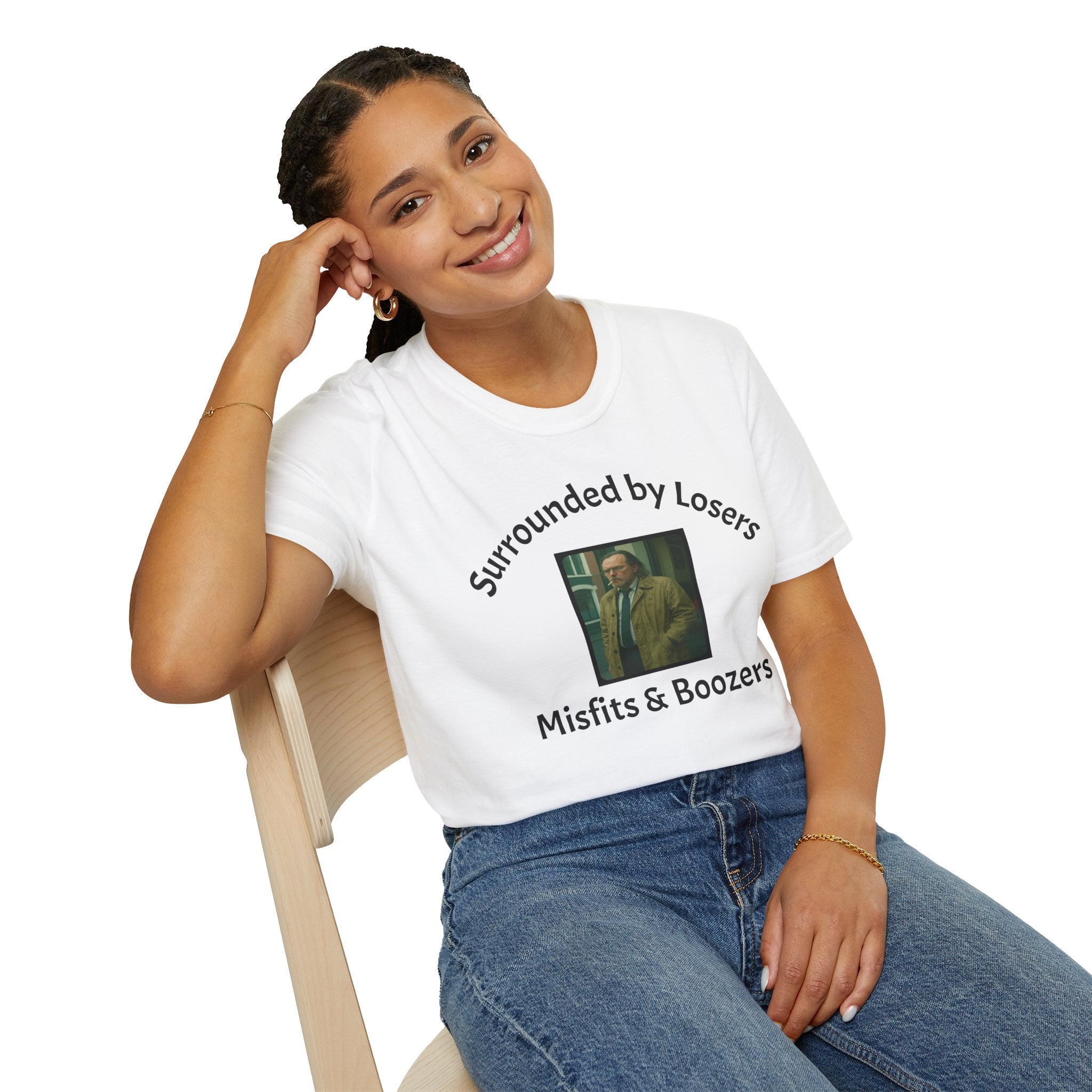 A woman wearing White T-Shirt features a bold design that reads 'slow horses surrounded by Losers, Misfits &amp; Boozers', from the slow horses t v show starring Gary Oldman giving off a rebellious and edgy vibe. 