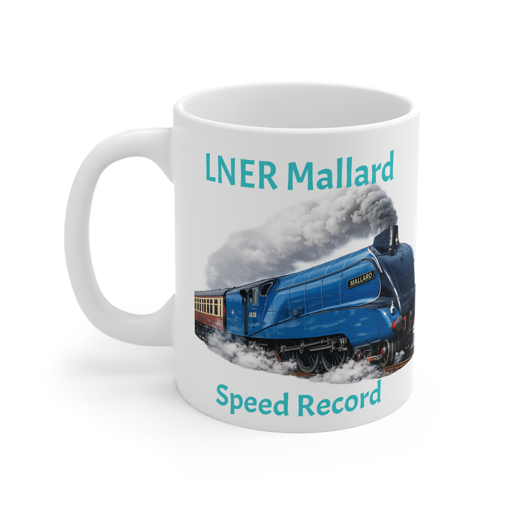 Mug with a blue steam locomotive and text 'LNER Mallard Speed Record' on a white background