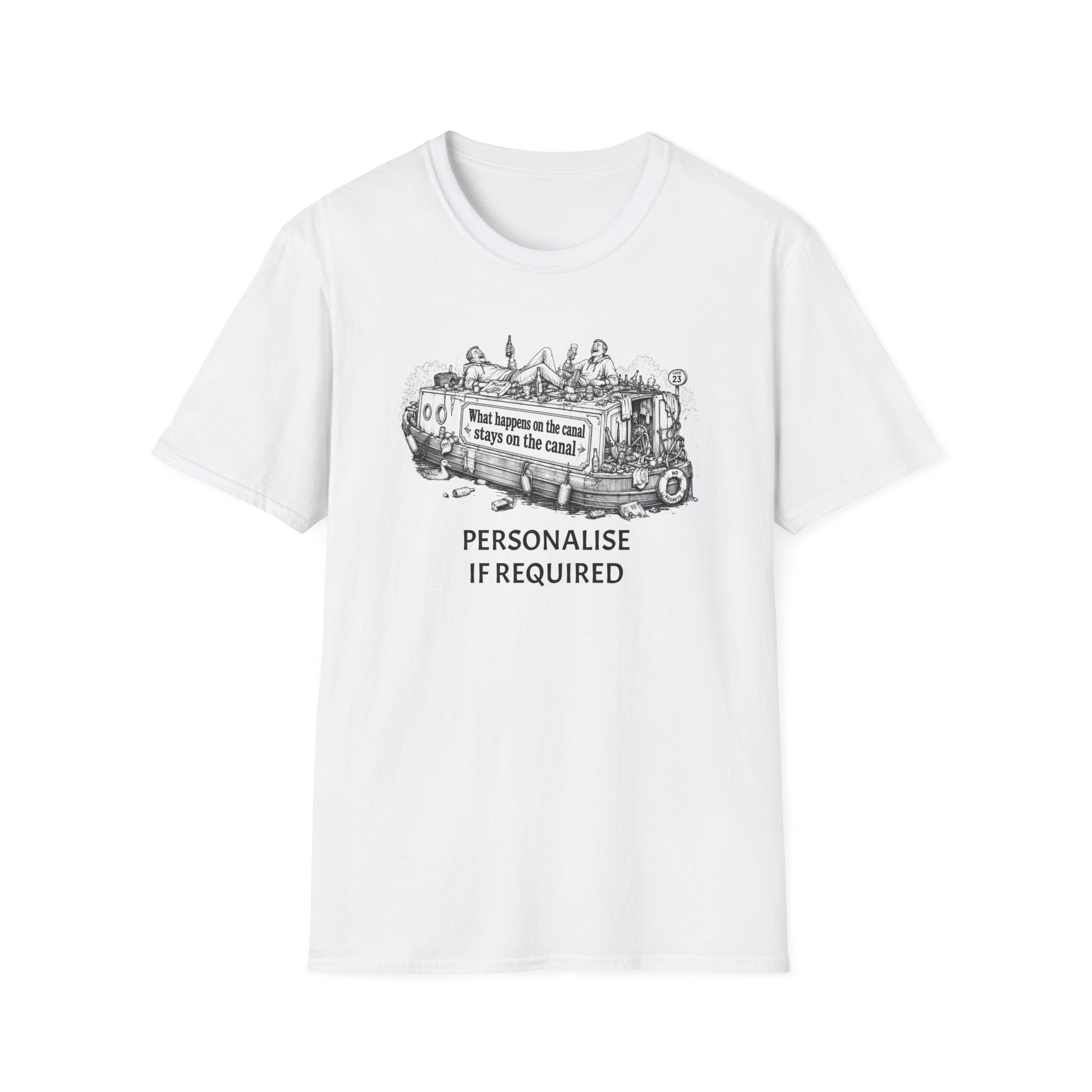 Canal Boat T-Shirt — "What happens on the canal stays on the canal" Printify