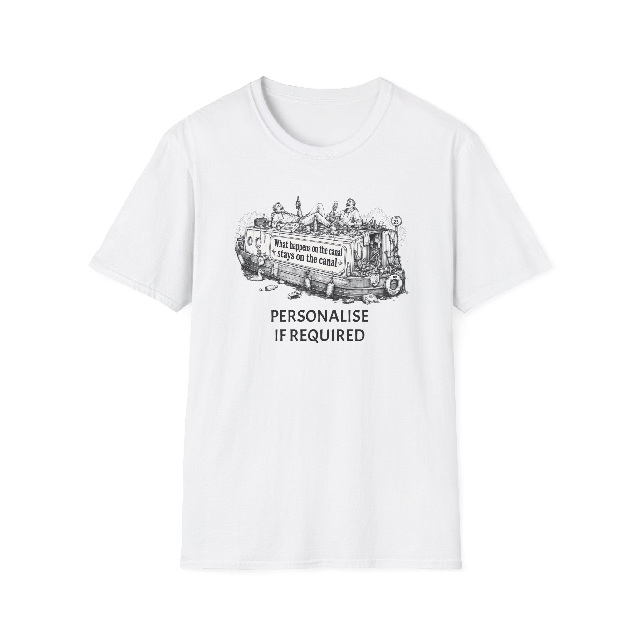 Canal Boat T-Shirt — "What happens on the canal stays on the canal" Printify