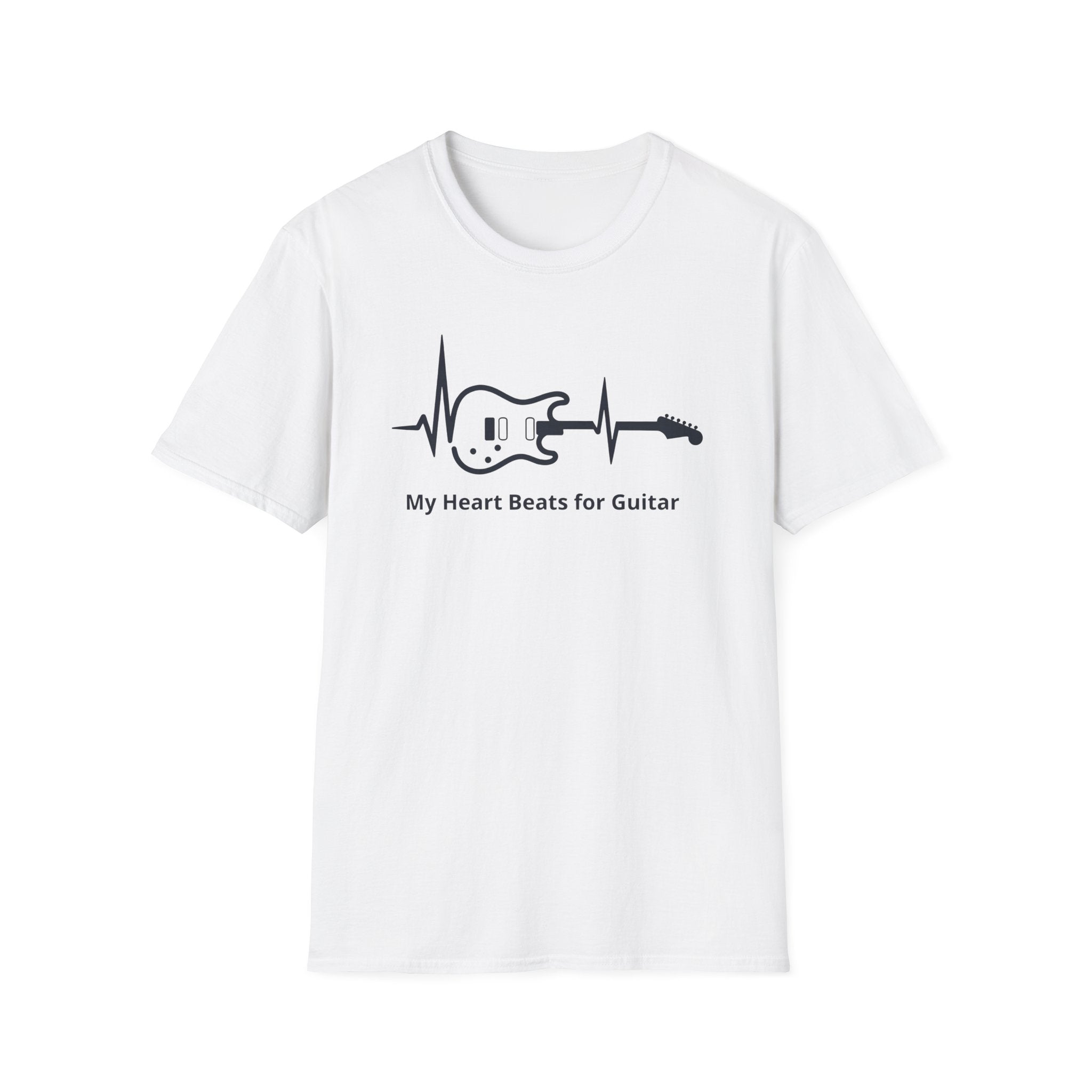 White t-shirt with black guitar and heartbeat design on a white background
