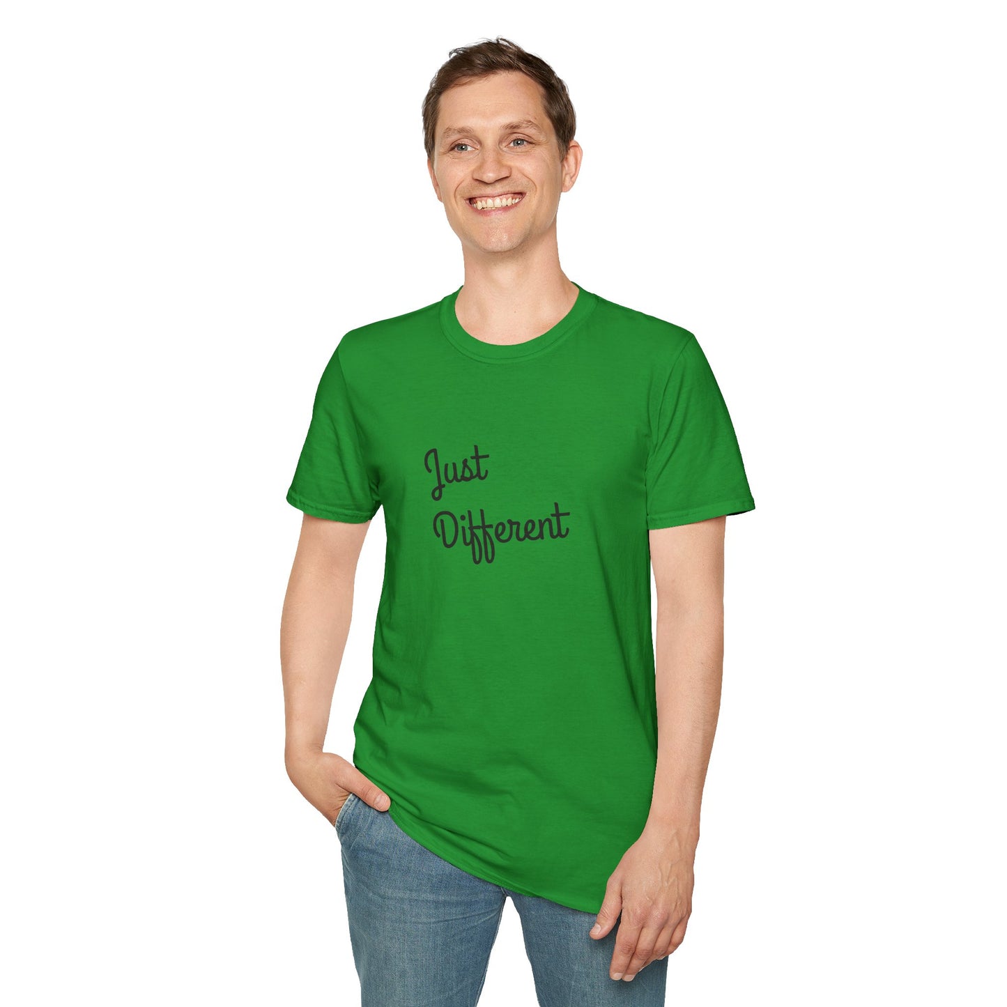 Person wearing a green t-shirt with 'Just Different' text on a white background