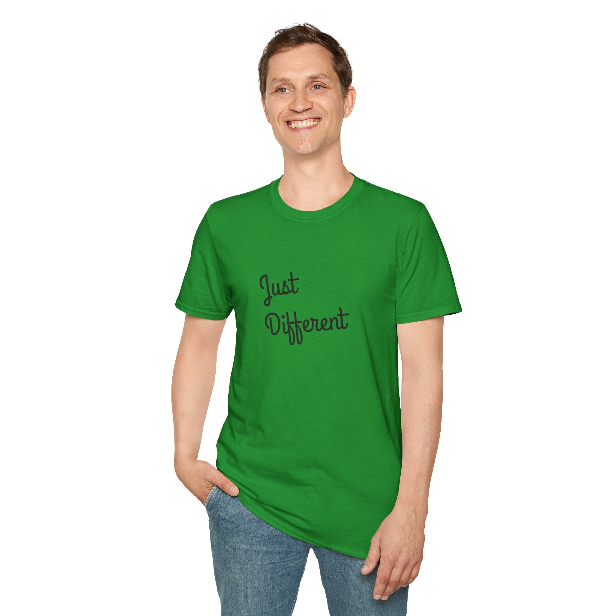 Person wearing a green t-shirt with 'Just Different' text on a white background