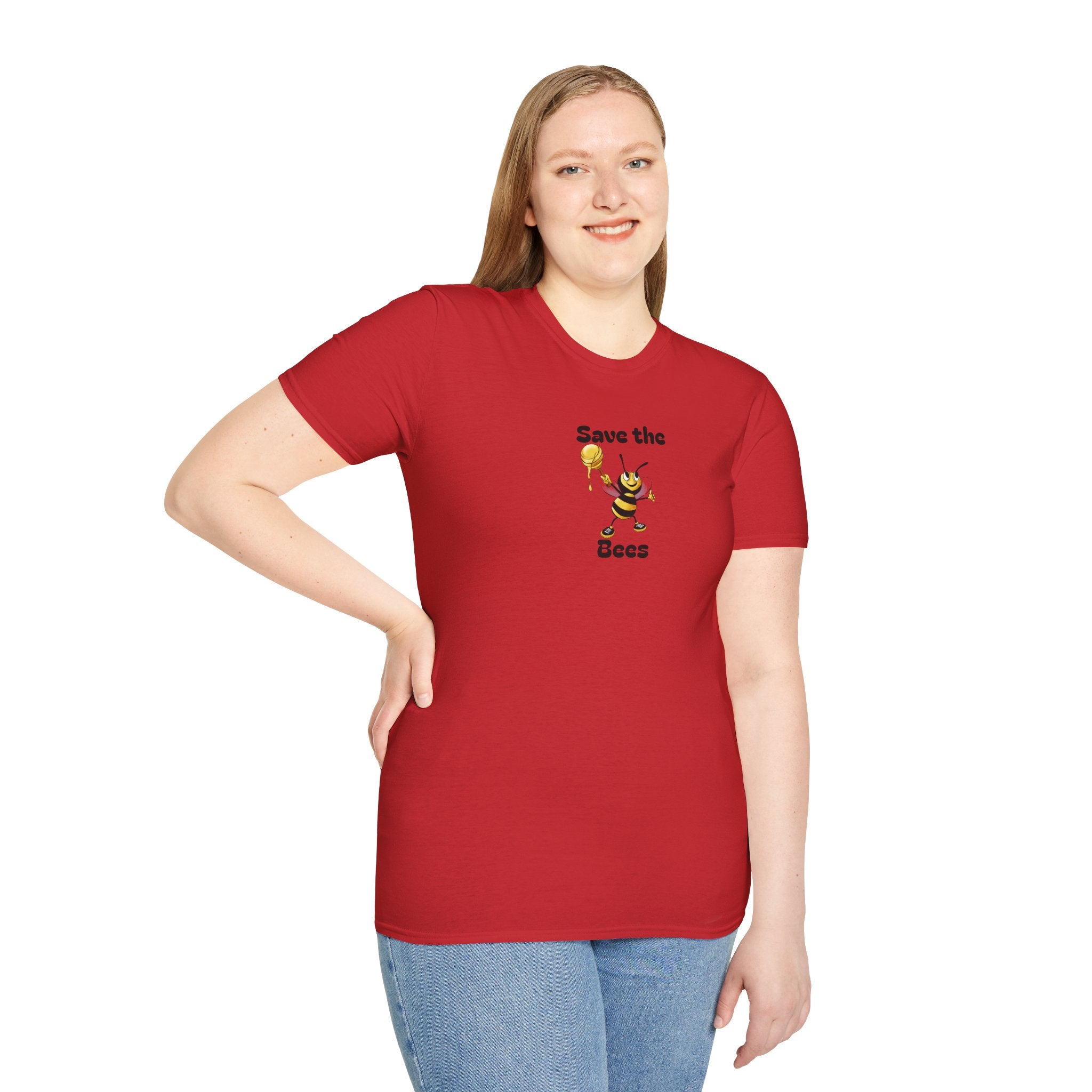 Person wearing a red t-shirt with a bee graphic and text on a white background
