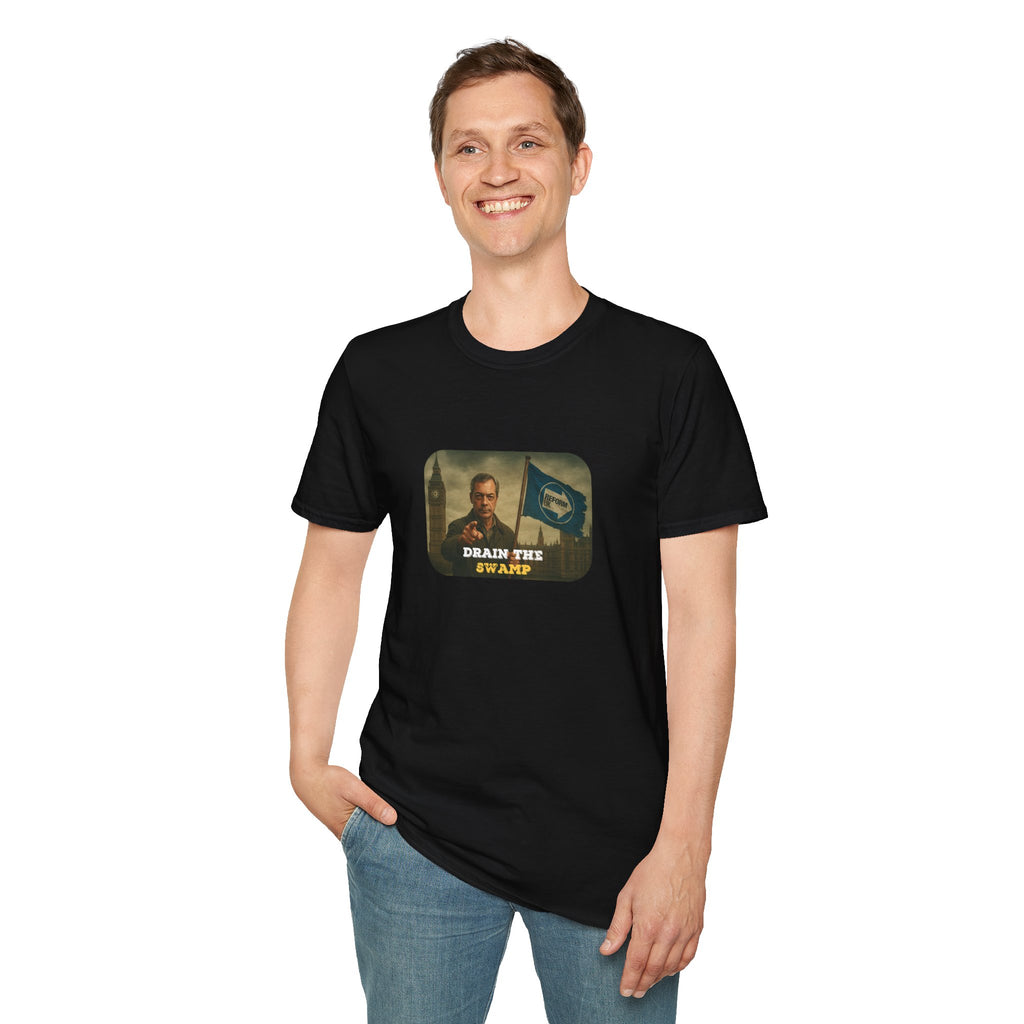  Fat Boris design – Drain the Swamp, a dystopian political protest print black T-shirt outside the houses of parliament