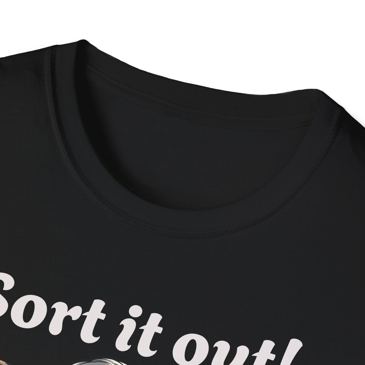  black t-shirt with a graphic of Margaret Thatcher holding a Union Jack and the text 'Sort it out!' on a white background.