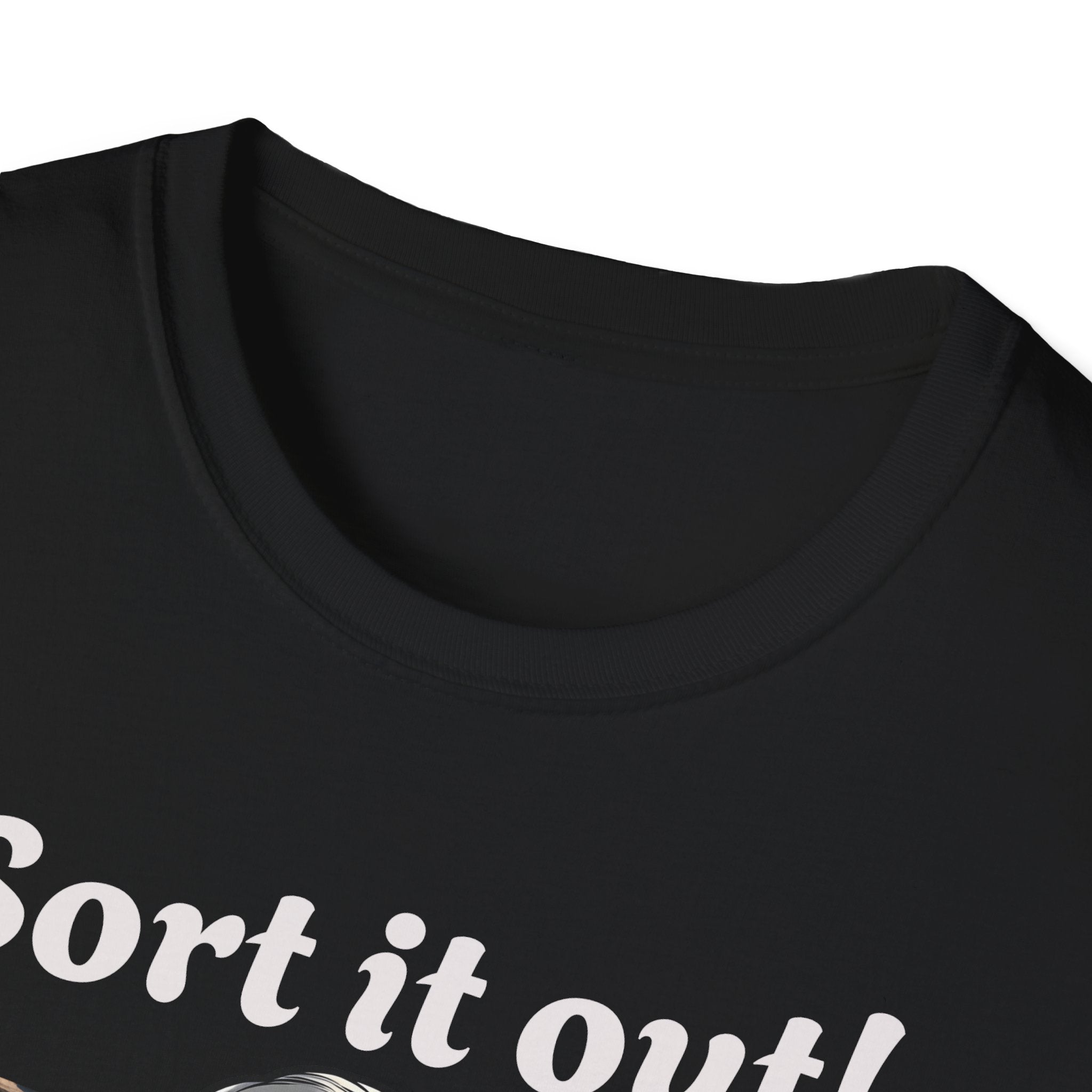  black t-shirt with a graphic of Margaret Thatcher holding a Union Jack and the text 'Sort it out!' on a white background.