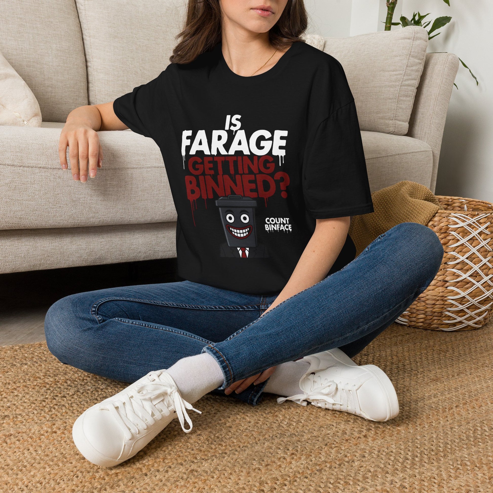Is Farage Getting Binned? Political Satire T-Shirt | Nigel Farage Count Binface Meme Printify