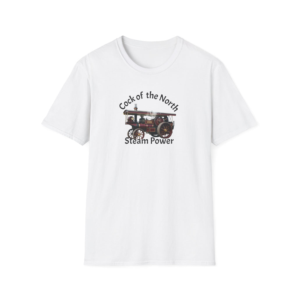 White t-shirt with steam engine graphic and text on a white background
