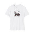 White t-shirt with steam engine graphic and text on a white background