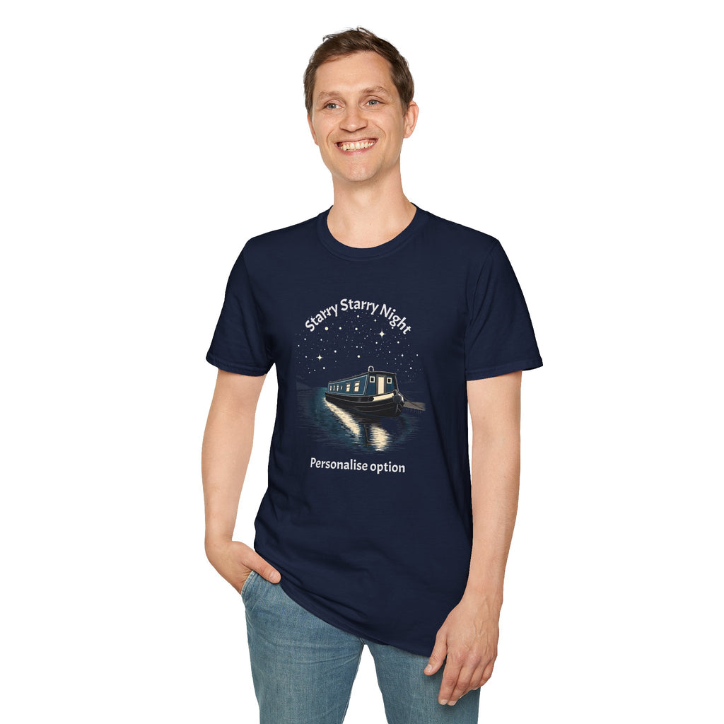 Starry Night Narrowboat T-Shirt – Personalised Canal Scene Printify