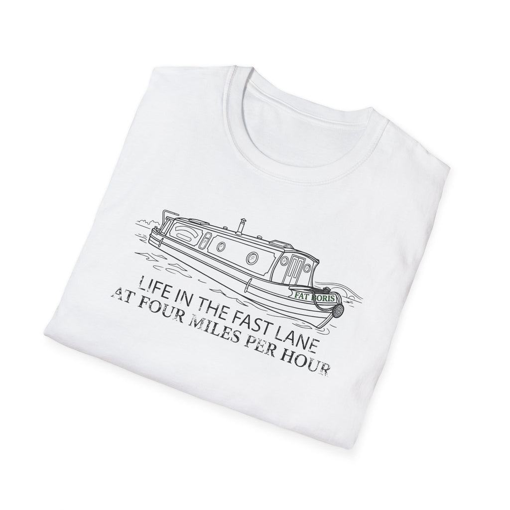 Fat Boris Canal Boat T-Shirt — "Life in the Fast Lane at Four Miles Per Hour" Vintage Narrowboat Tee