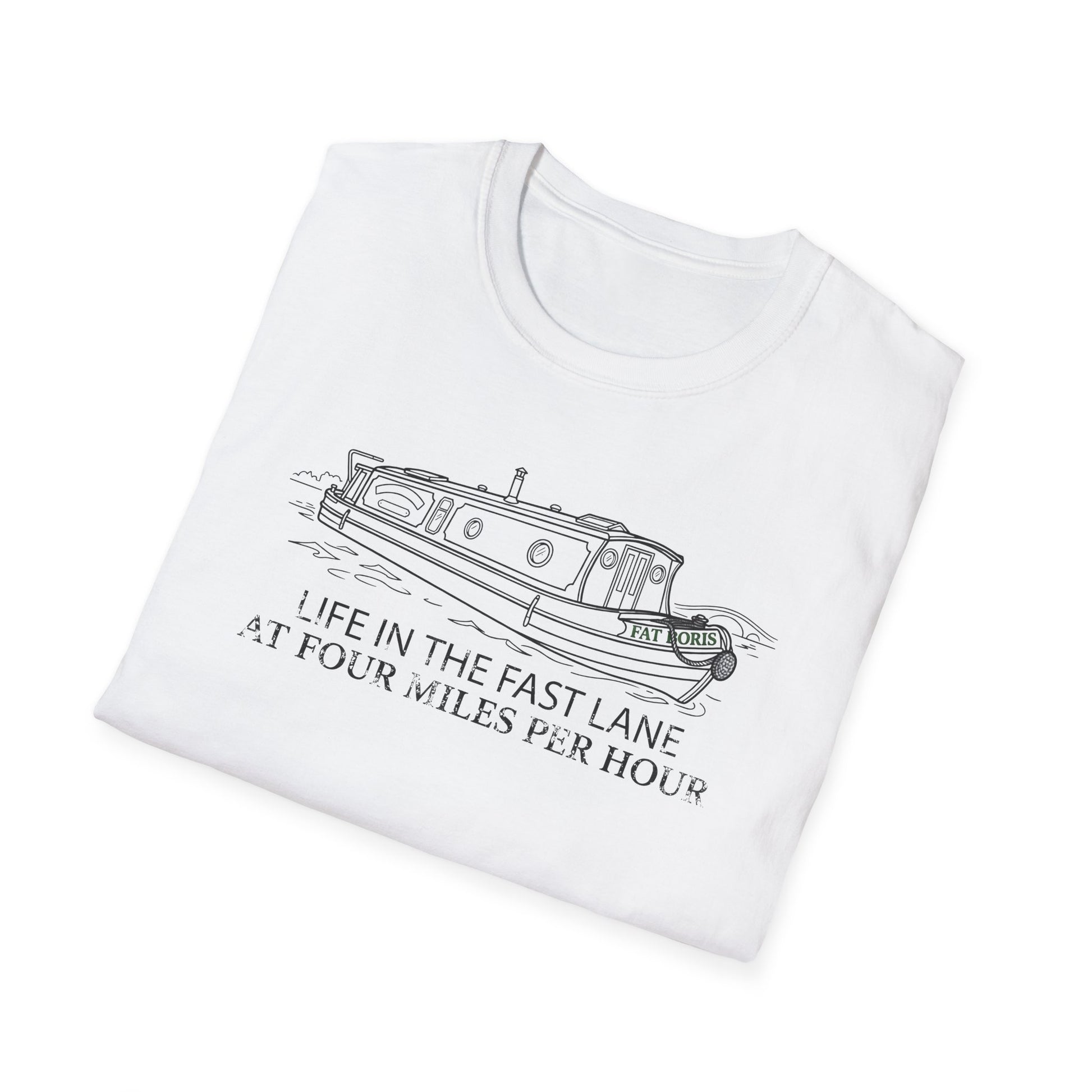 Fat Boris Canal Boat T-Shirt — "Life in the Fast Lane at Four Miles Per Hour" Vintage Narrowboat Tee