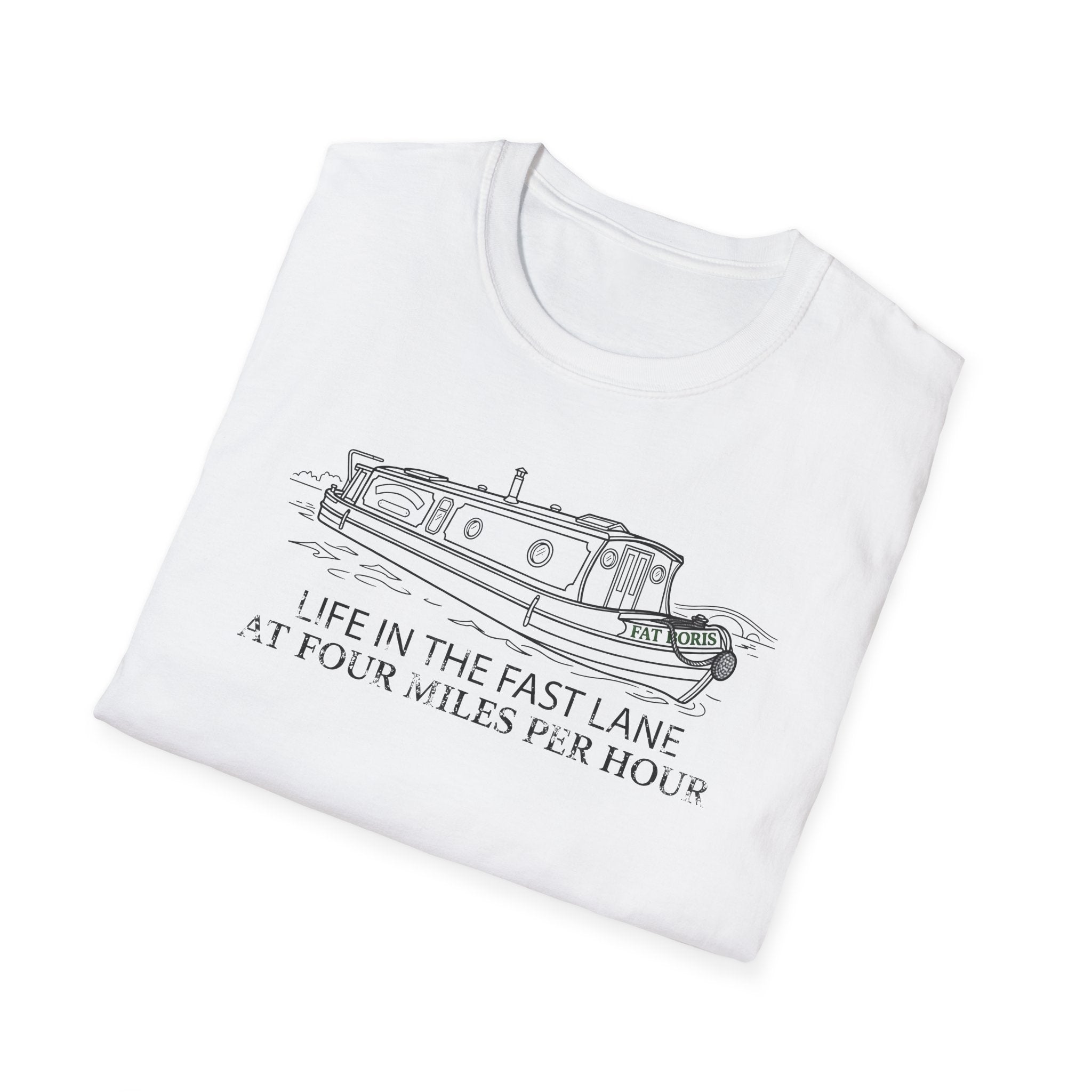 Fat Boris Canal Boat T-Shirt — "Life in the Fast Lane at Four Miles Per Hour" Vintage Narrowboat Tee