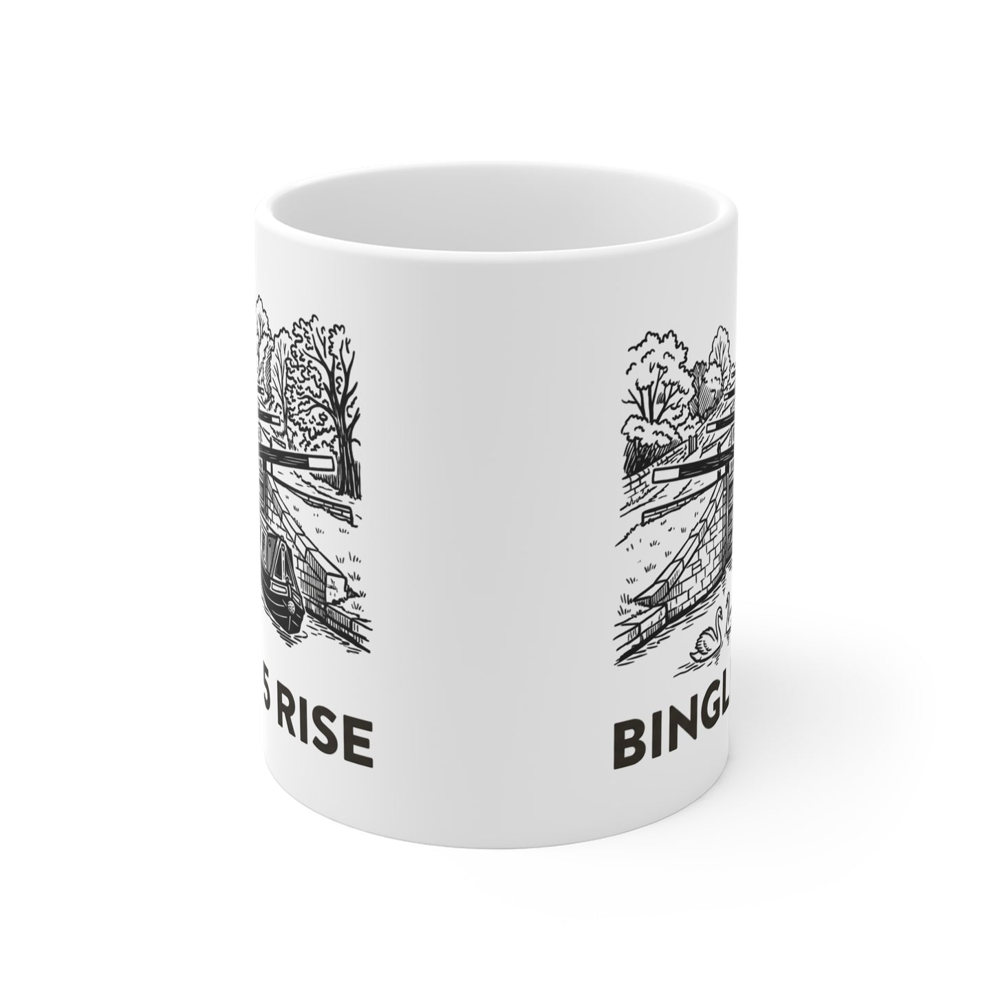 Bingley 5 Rise Locks Canal  White Mug — Narrowboat & Historic Lock Illustration Coffee Cu