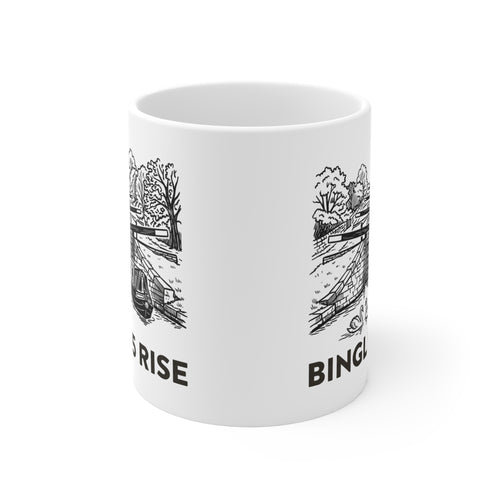 Bingley 5 Rise Locks Canal  White Mug — Narrowboat & Historic Lock Illustration Coffee Cu