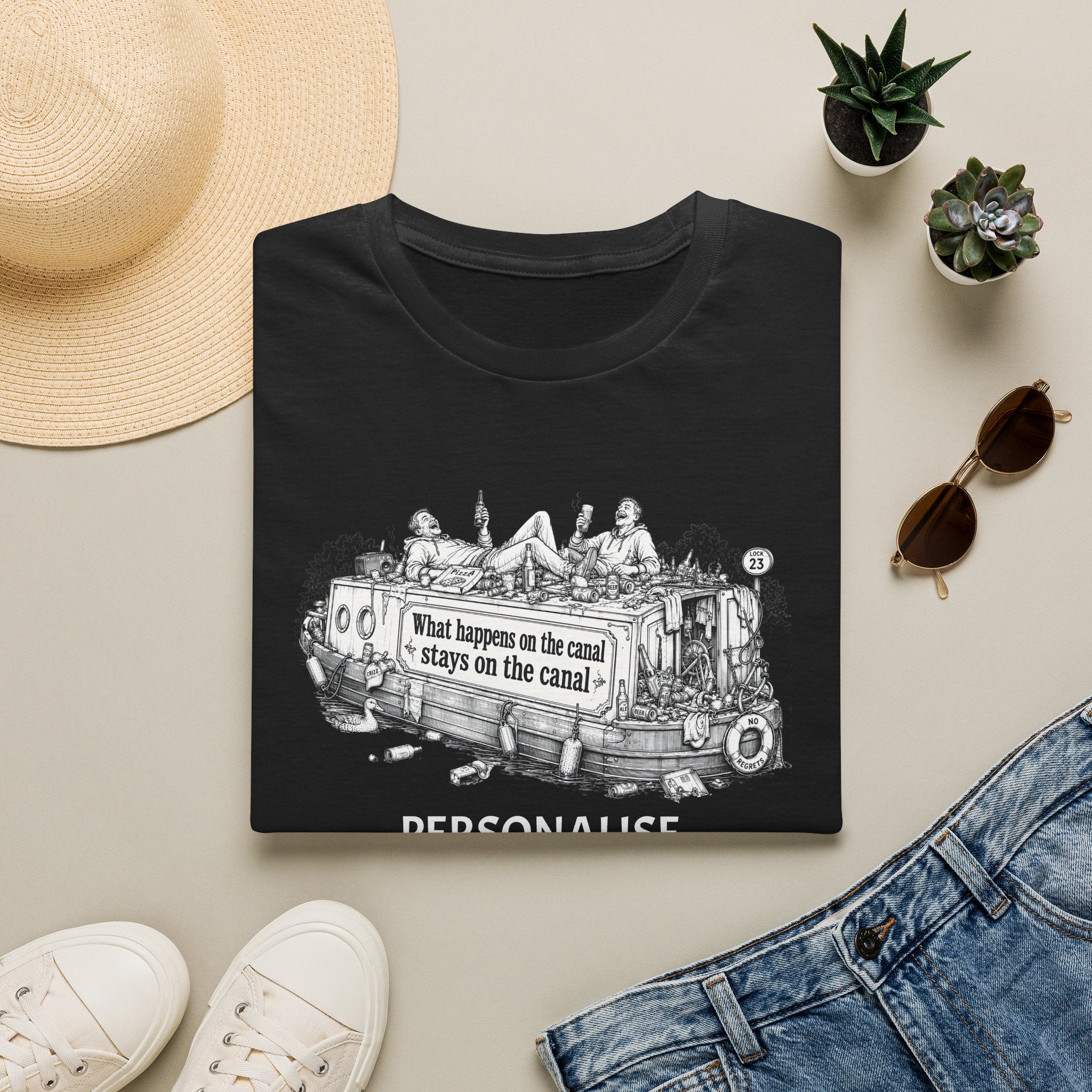 Canal Boat T-Shirt — "What happens on the canal stays on the canal" Printify