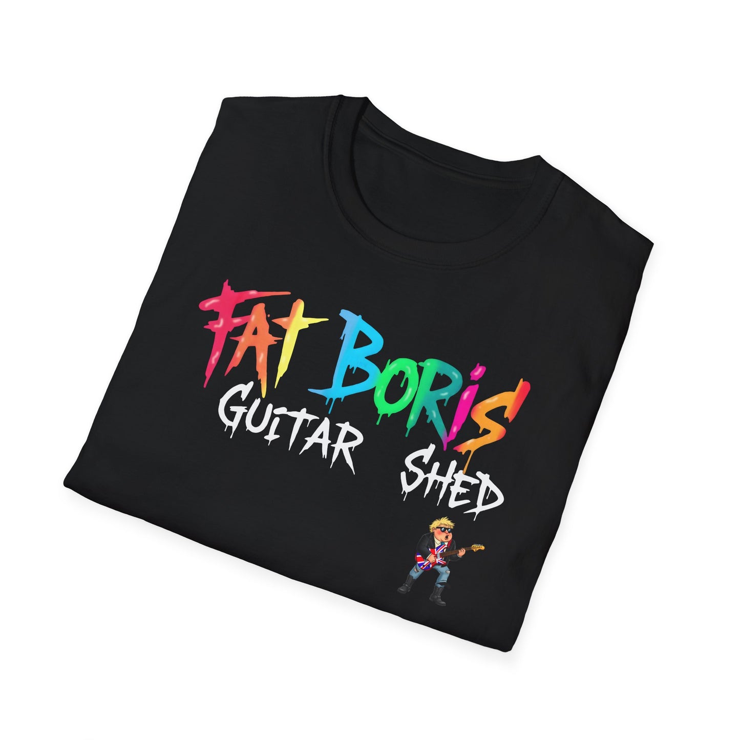 Black t-shirt with colorful 'Fat Boris Guitar Shed' text and graphic on a white background