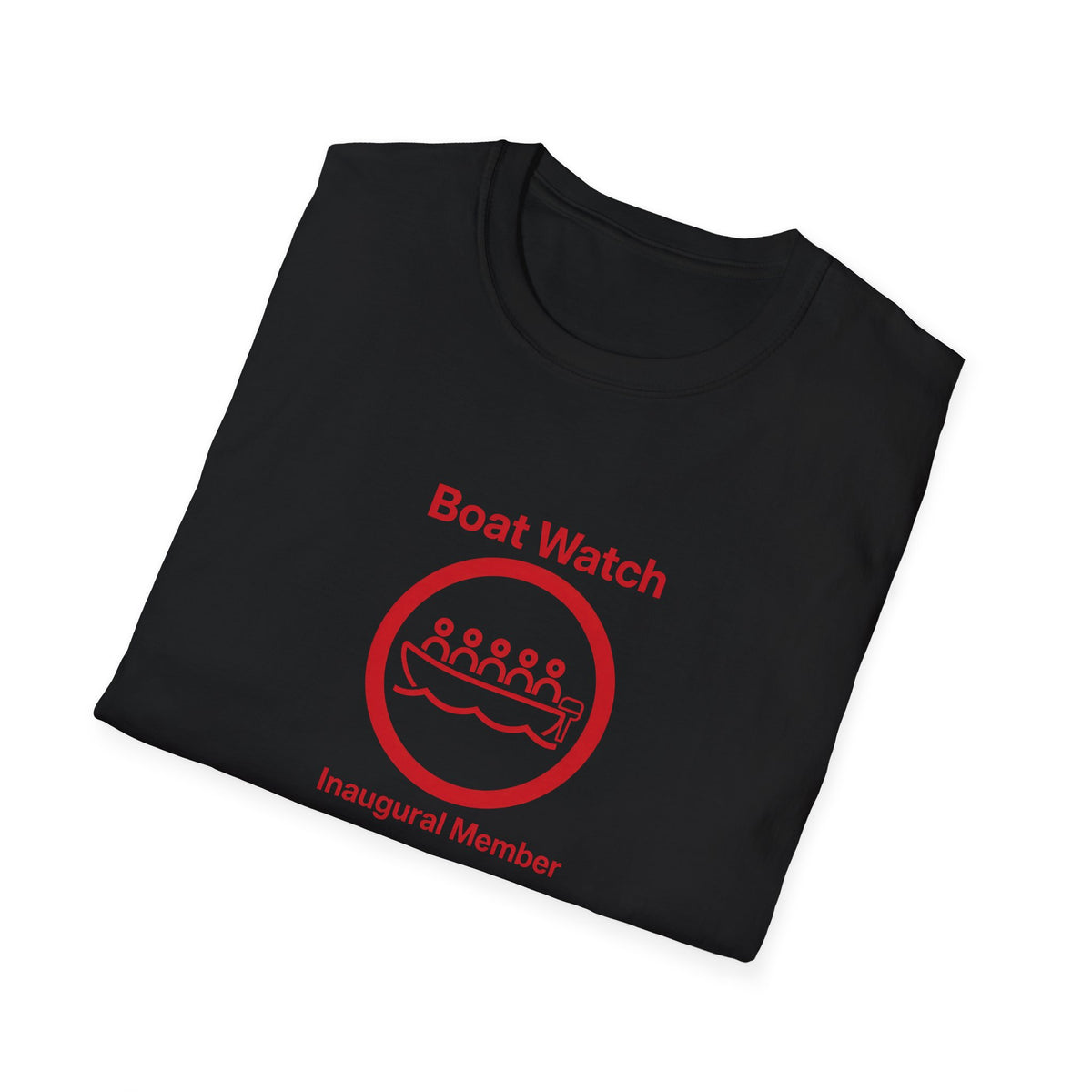 Black t-shirt with red boat watch design on a white background