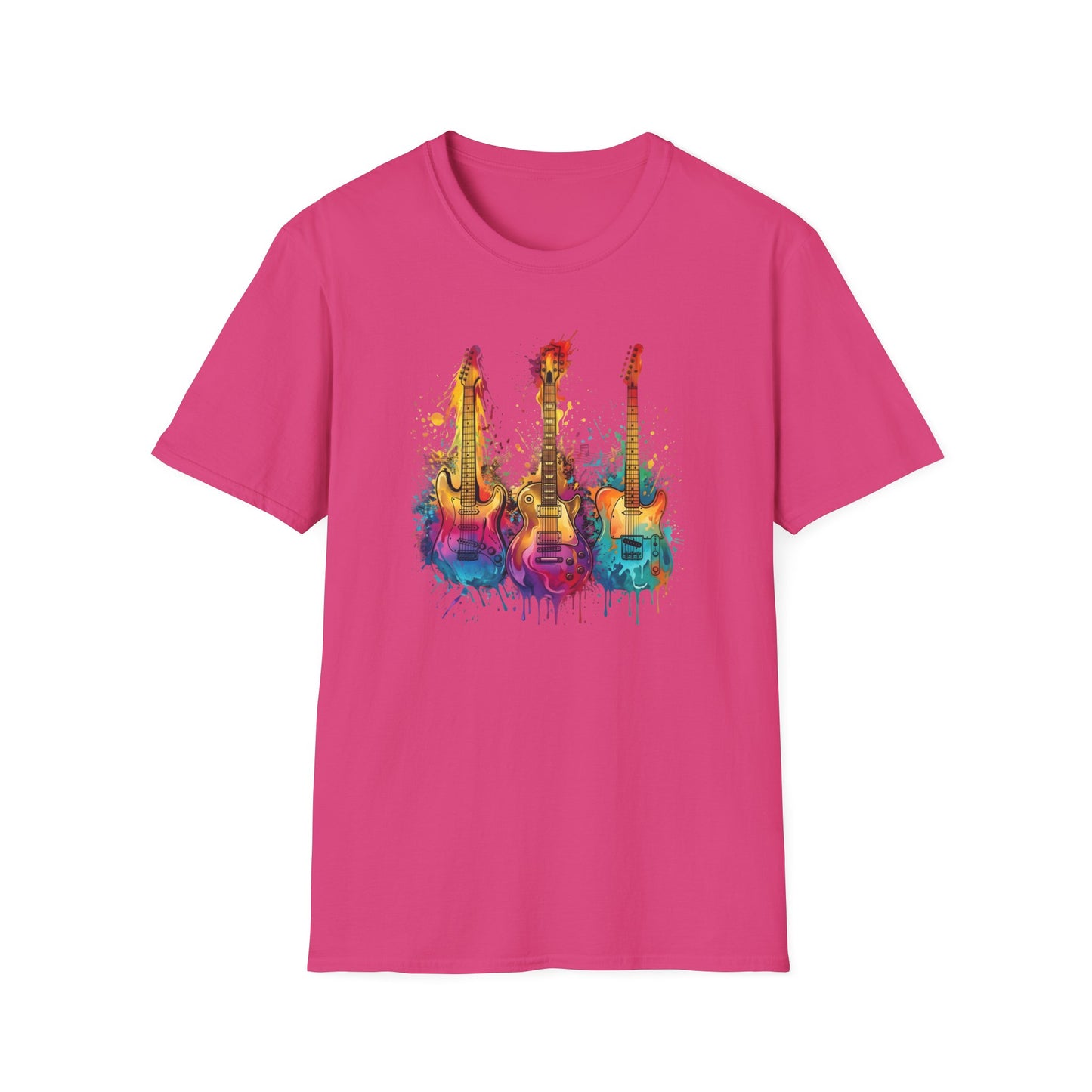 Vivid Paint Splash Design Three Guitars Trio T-Shirt — Colourful  Musical Instrument Tee