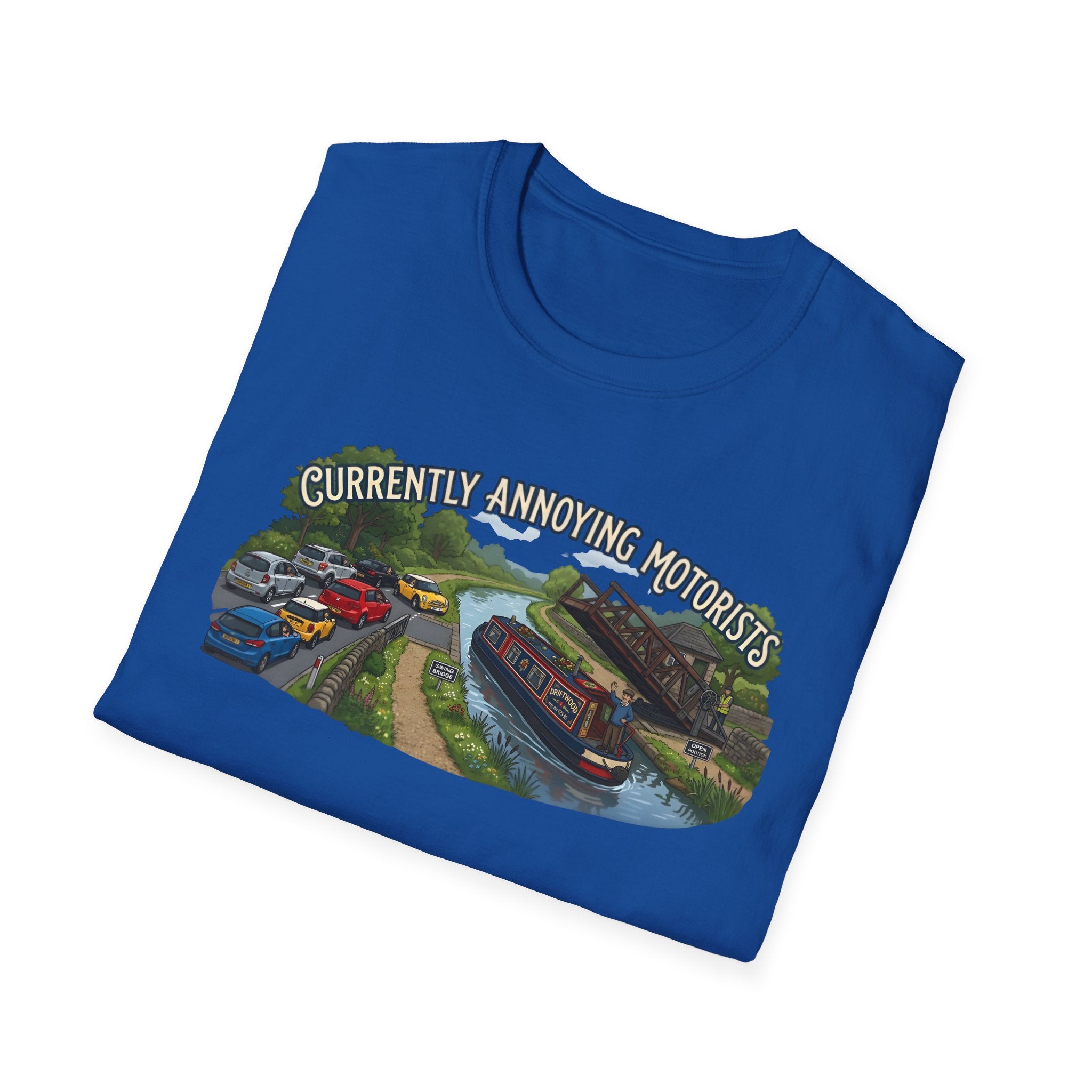 Canal Narrowboat Swing Bridge Print – “Currently Annoying Motorists” Humorous Boat T Shirt 