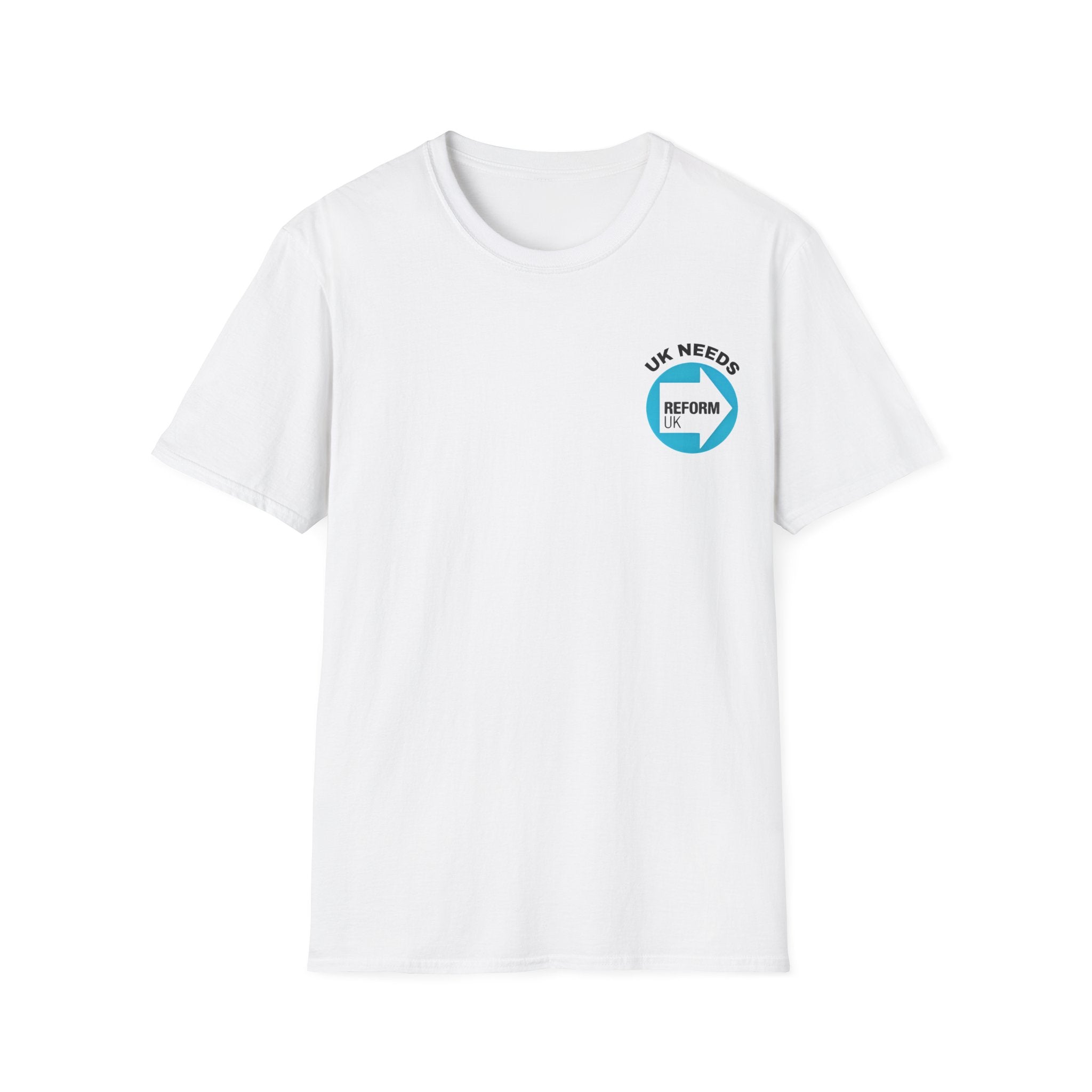 White t-shirt with UK NEEDS REFORM, LOGO a blue and black logo on a white background