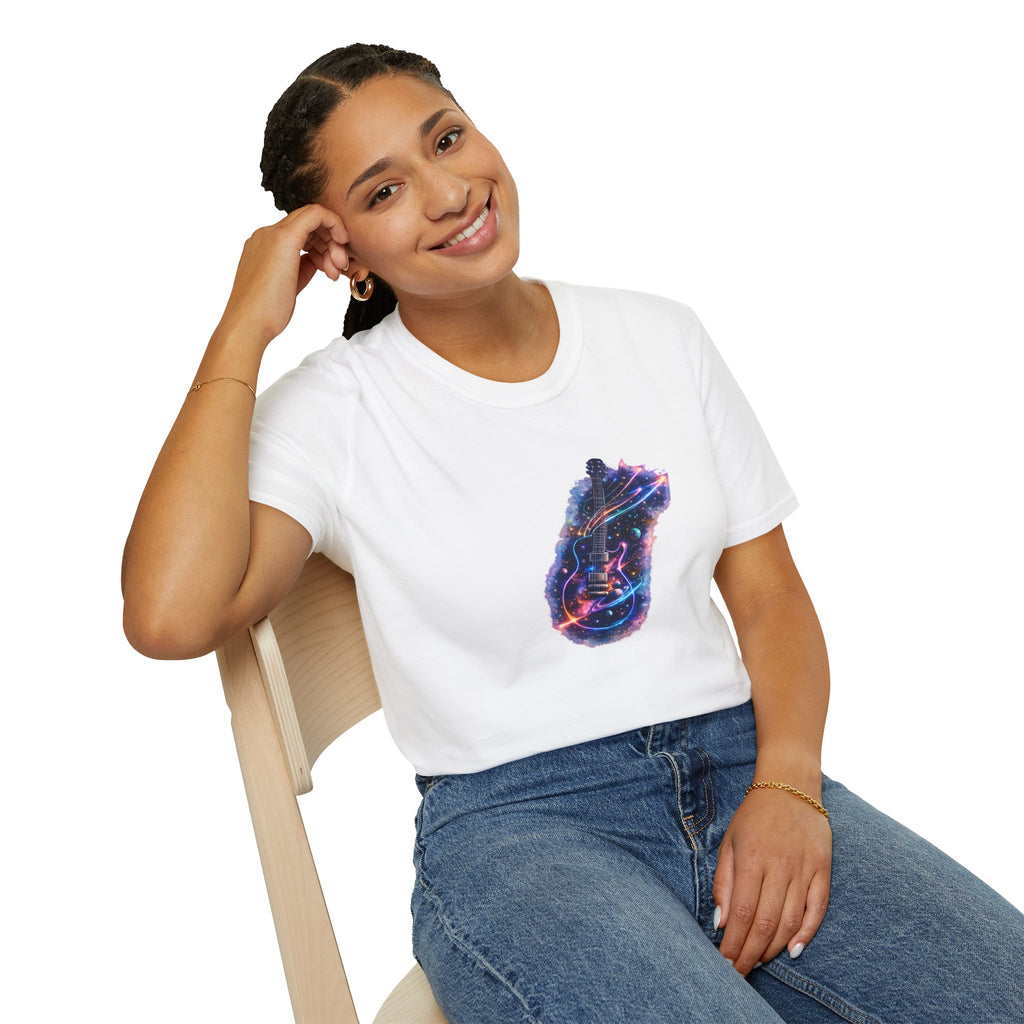 Cosmic guitar design with galaxy planets stars and neon shooting star strings for music lover t shirt