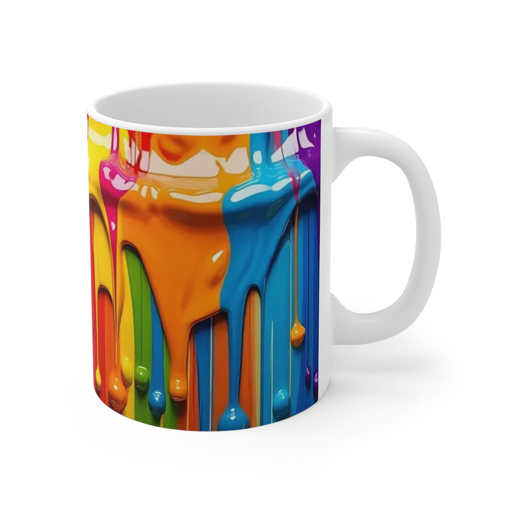 White mug with colorful paint drip design on a white background