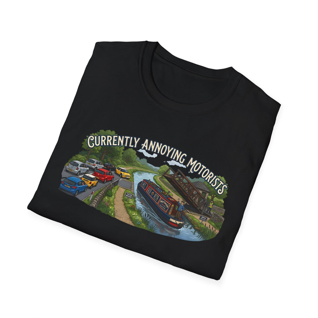 Canal Narrowboat Swing Bridge Print – “Currently Annoying Motorists” Humorous Boat T Shirt 