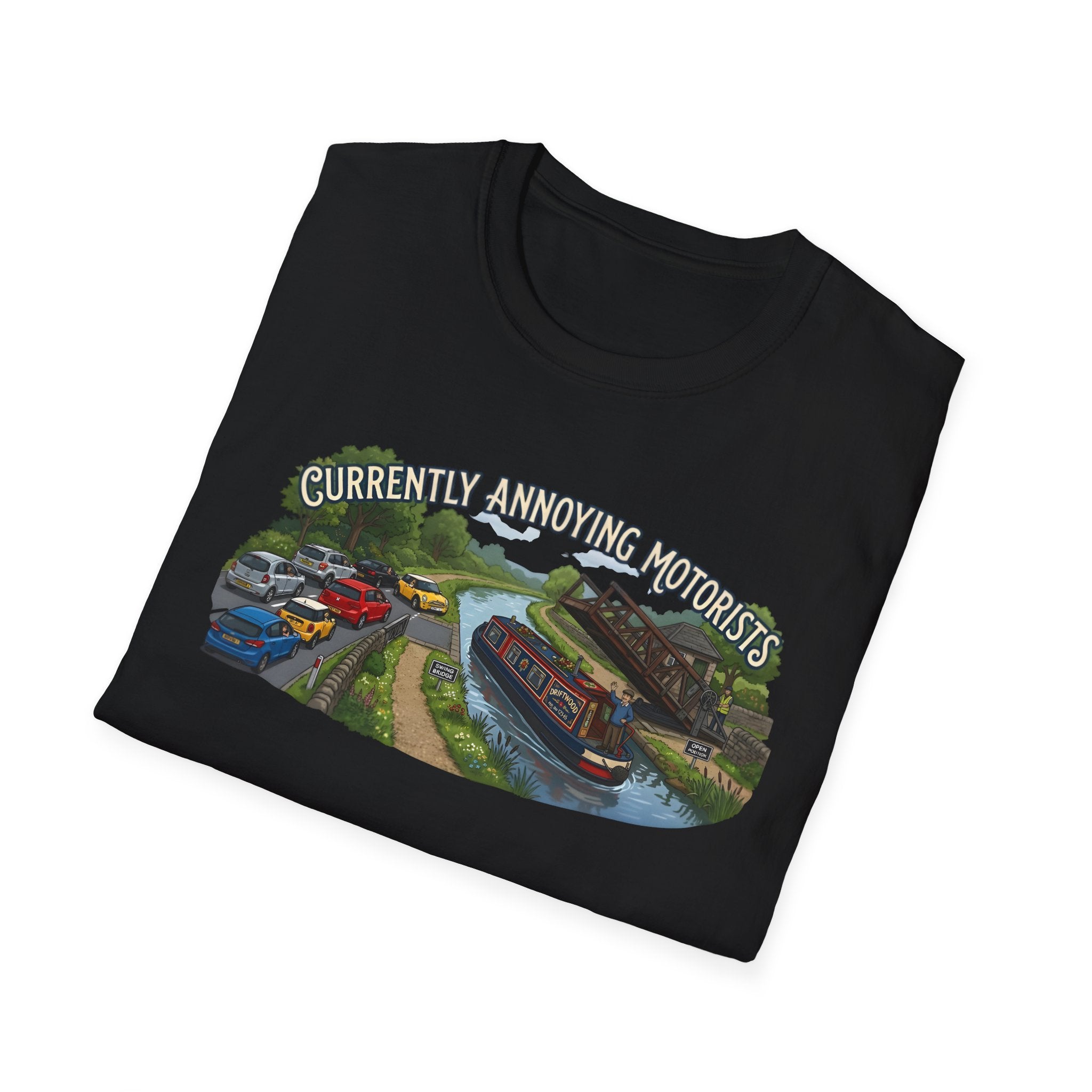 Canal Narrowboat Swing Bridge Print – “Currently Annoying Motorists” Humorous Boat T Shirt 