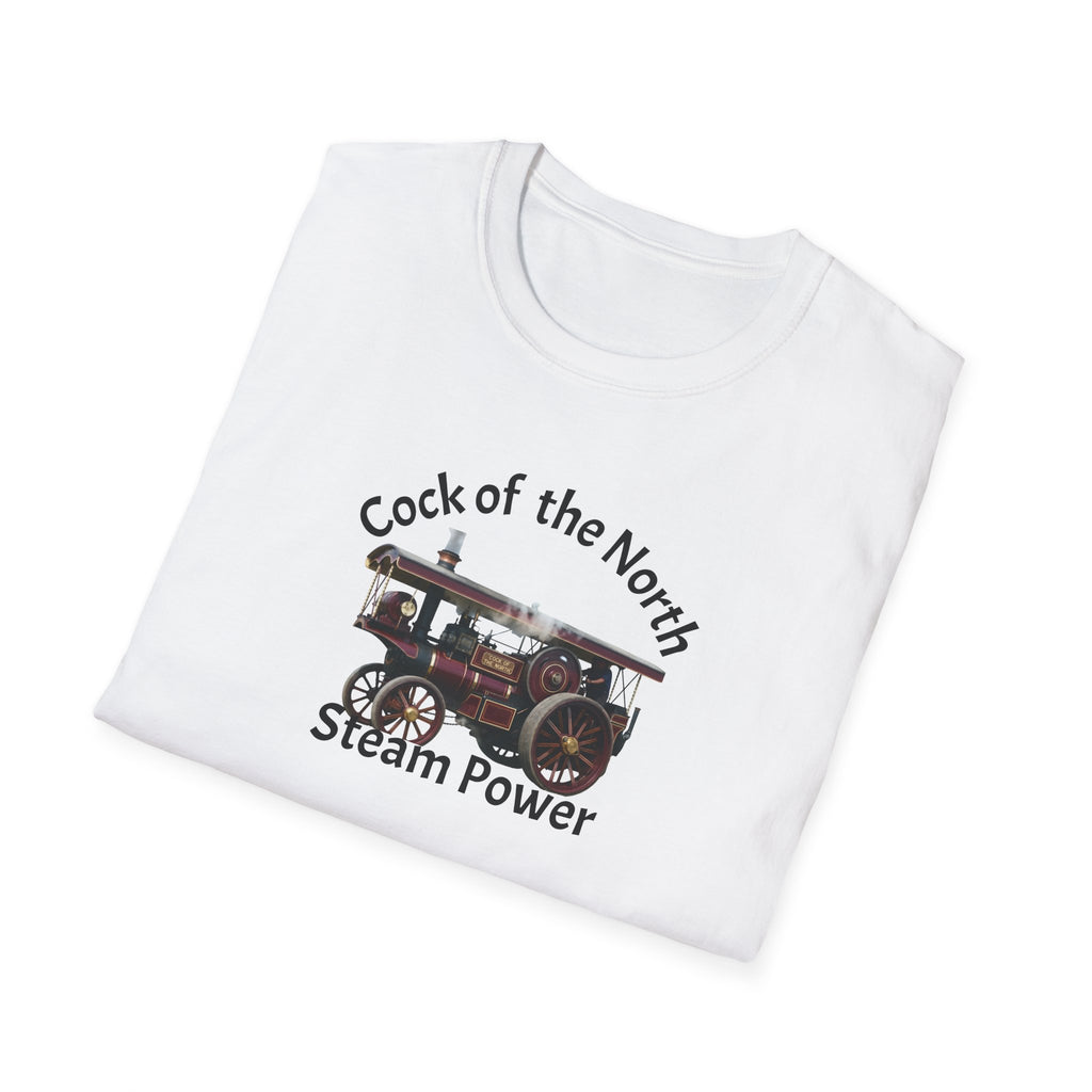 White t-shirt with steam engine graphic and text on a white background