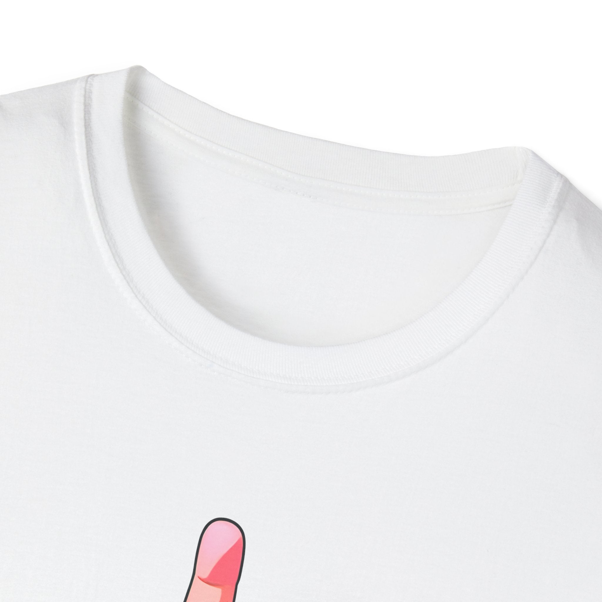 Close-up of a white t-shirt with a pink and red graphic on a white background