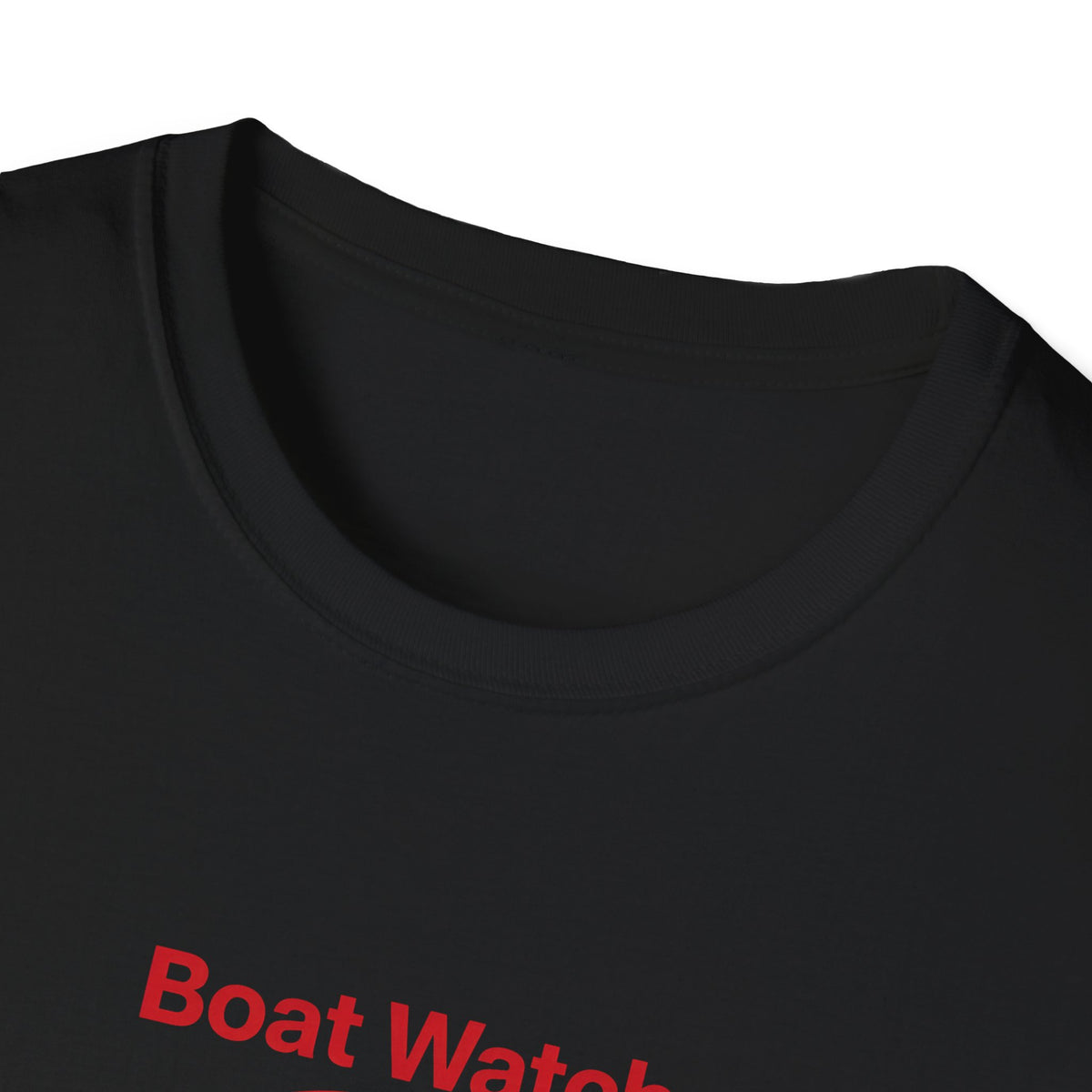 Black t-shirt with red logo and text on a white background