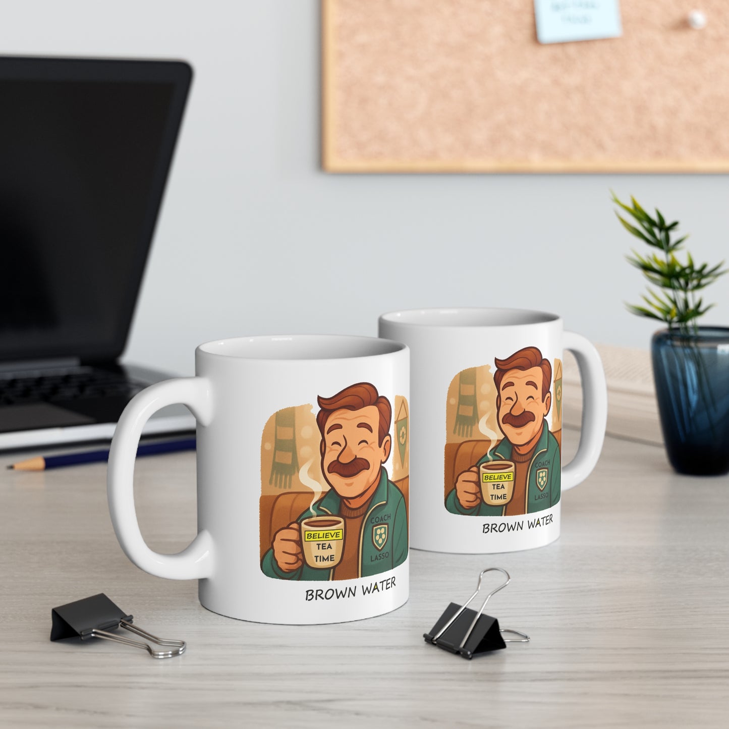 COACH LASSO IMAGE WHITE COFFEE UP WITH TEA TIME, BELIEVE TEXT, brown WATER