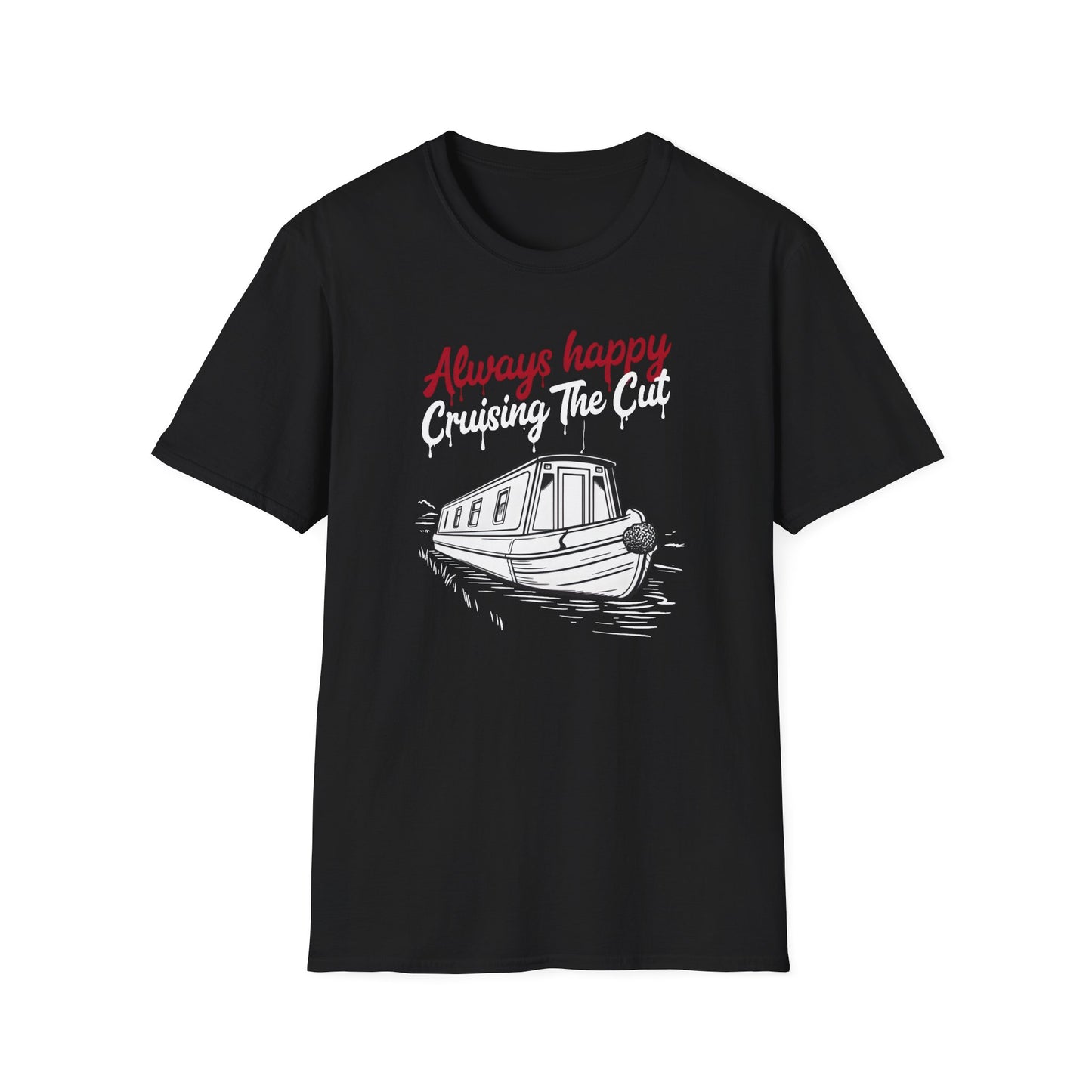 Black t-shirt with a boat graphic and text on a white background