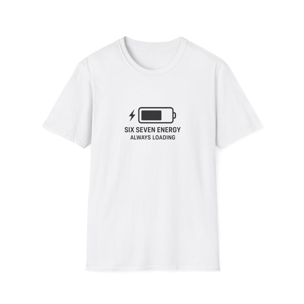 White t-shirt with black graphic six seven meme and text on a white background