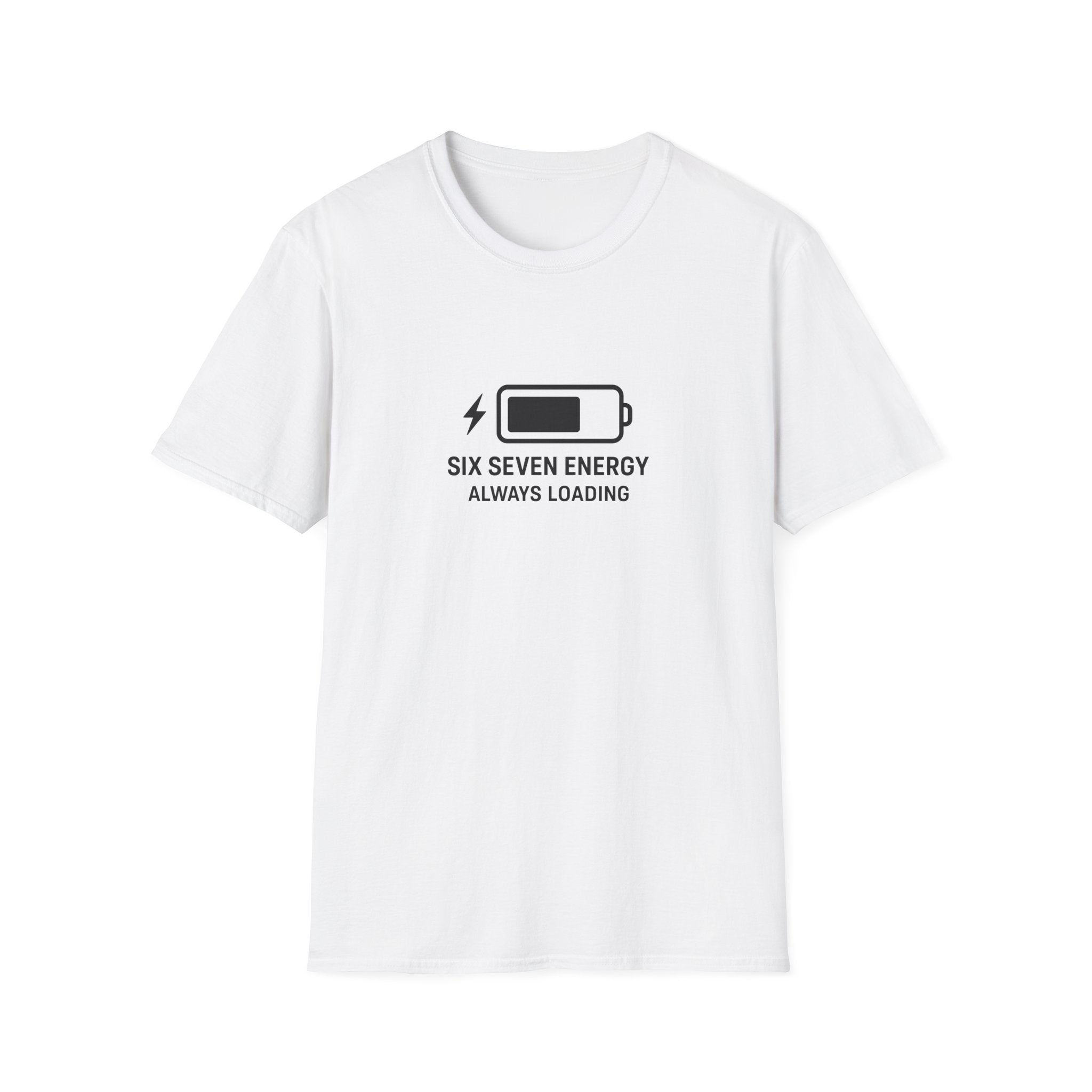 White t-shirt with black graphic six seven meme and text on a white background