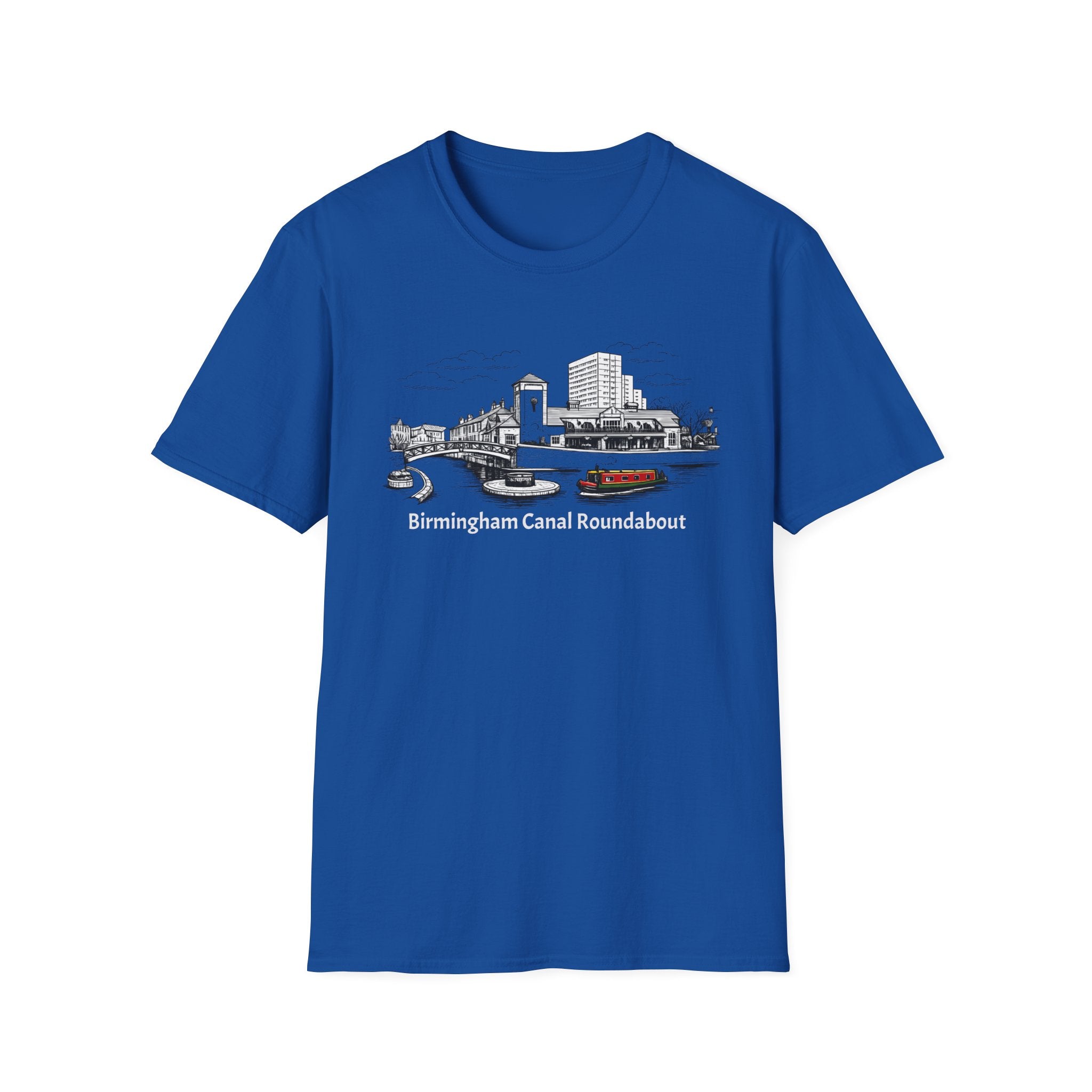Blue t-shirt with a graphic design of Birmingham Canal Roundabout on a white background