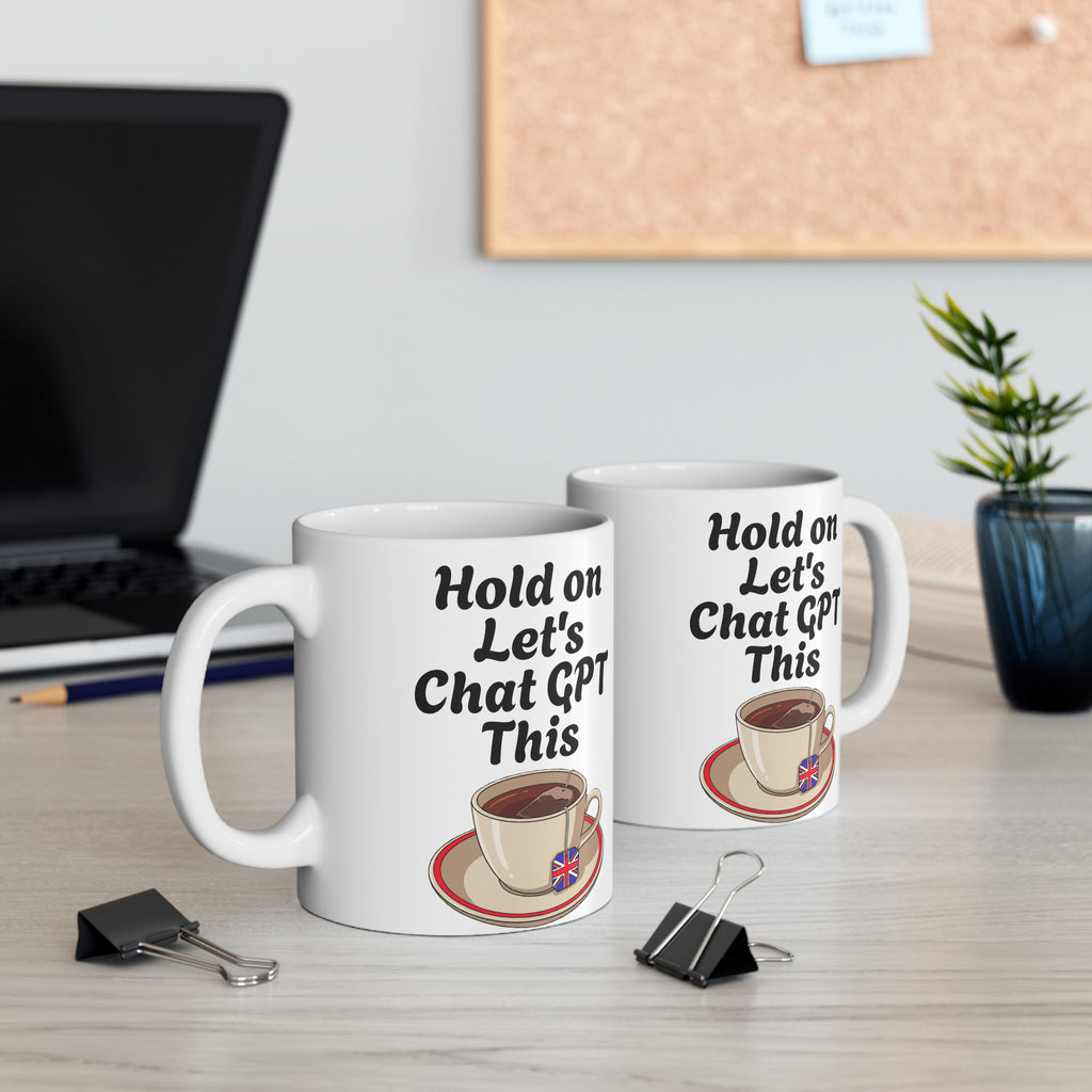 Two mugs with humorous text on a desk with office supplies and a plant.