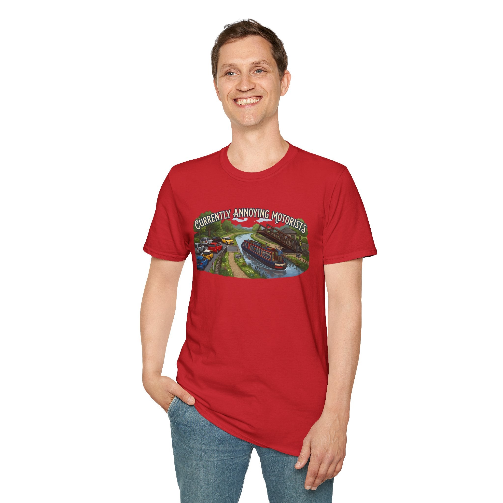 Canal Narrowboat Swing Bridge Print – “Currently Annoying Motorists” Humorous Boat T Shirt 