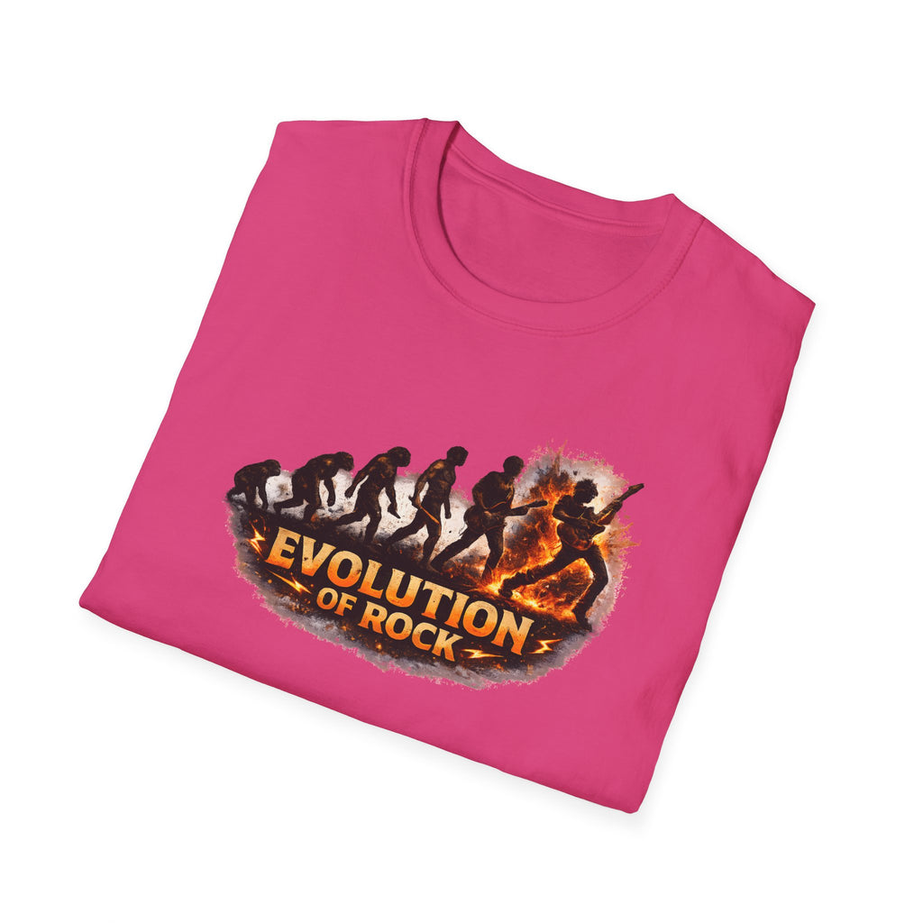 Pink t-shirt with 'Evolution of Rock' graphic on a white background