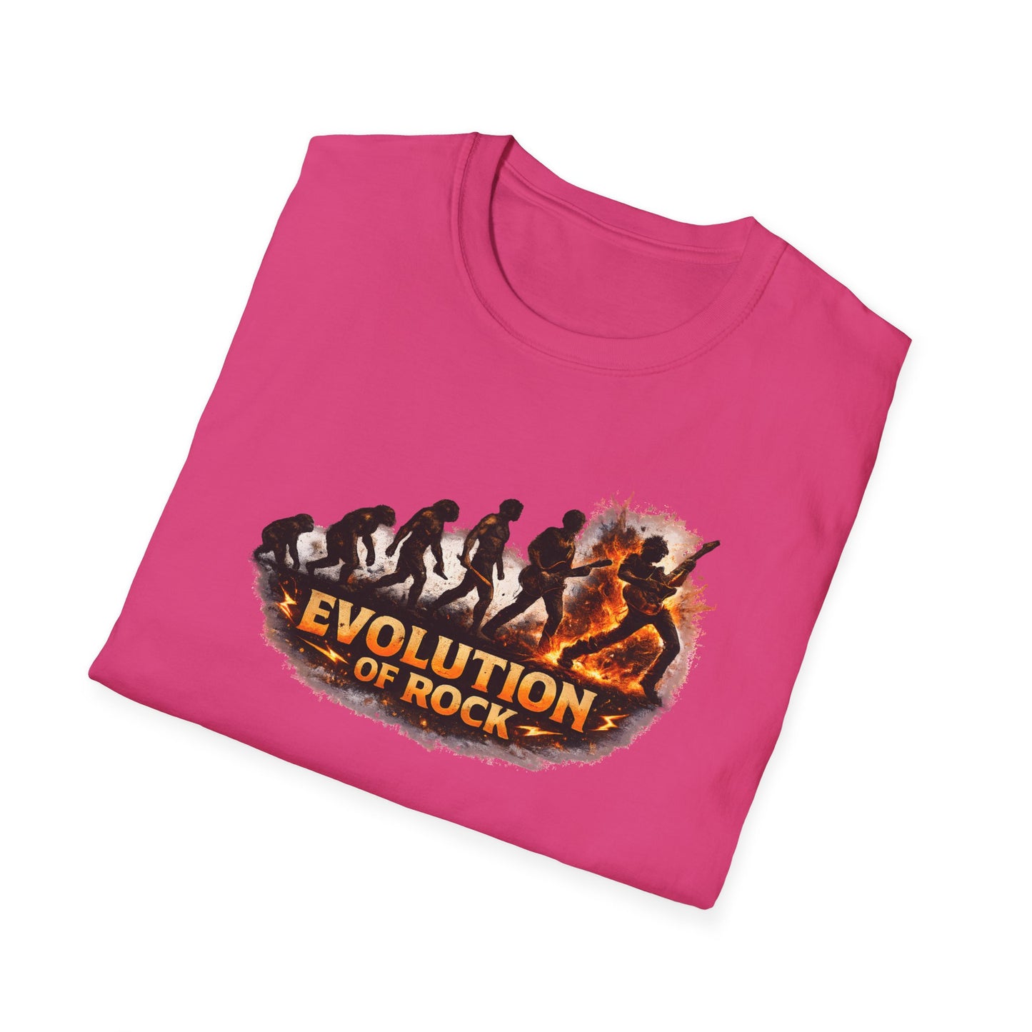 Pink t-shirt with 'Evolution of Rock' graphic on a white background