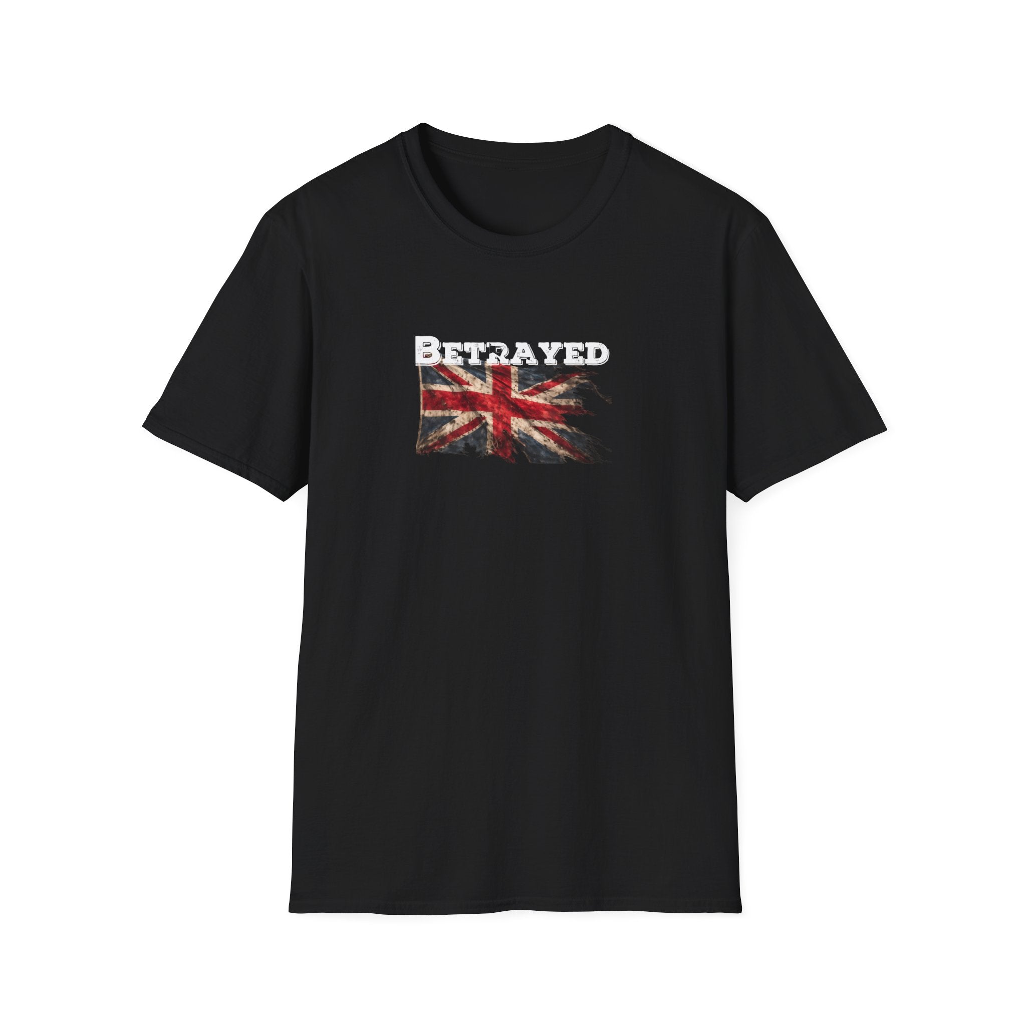 Black t-shirt with a Union Jack design and 'BETRAYED' text on a white background