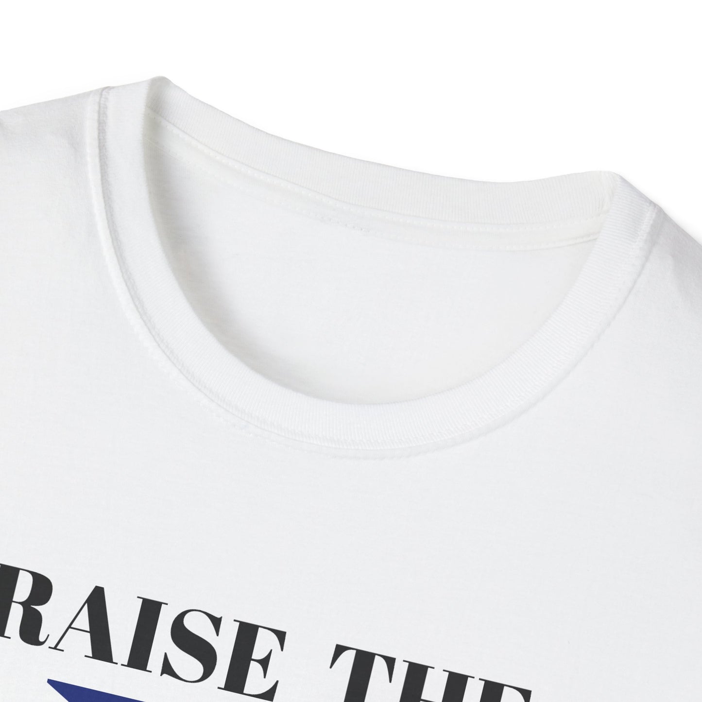 Collar view White t shirt with Union Jack and raise the colours message