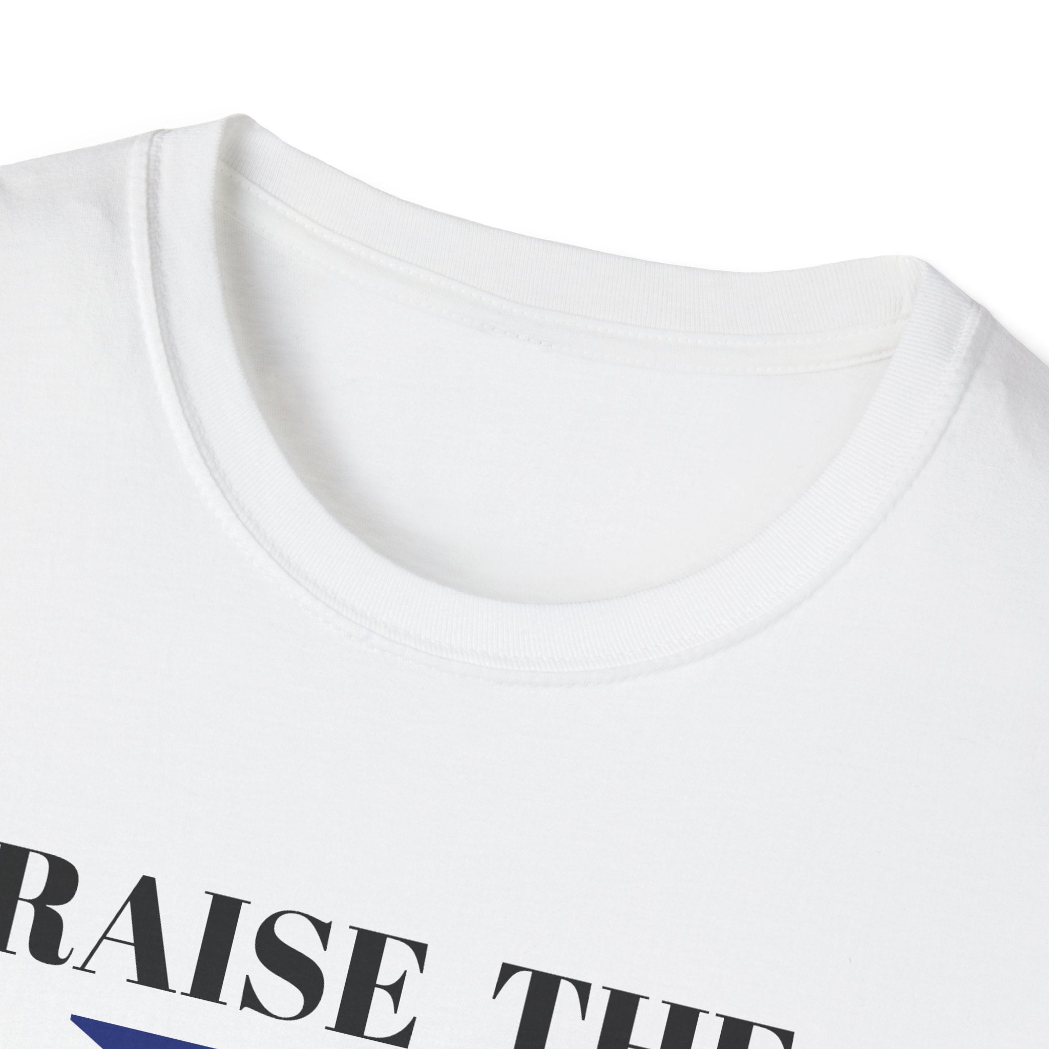 Collar view White t shirt with Union Jack and raise the colours message